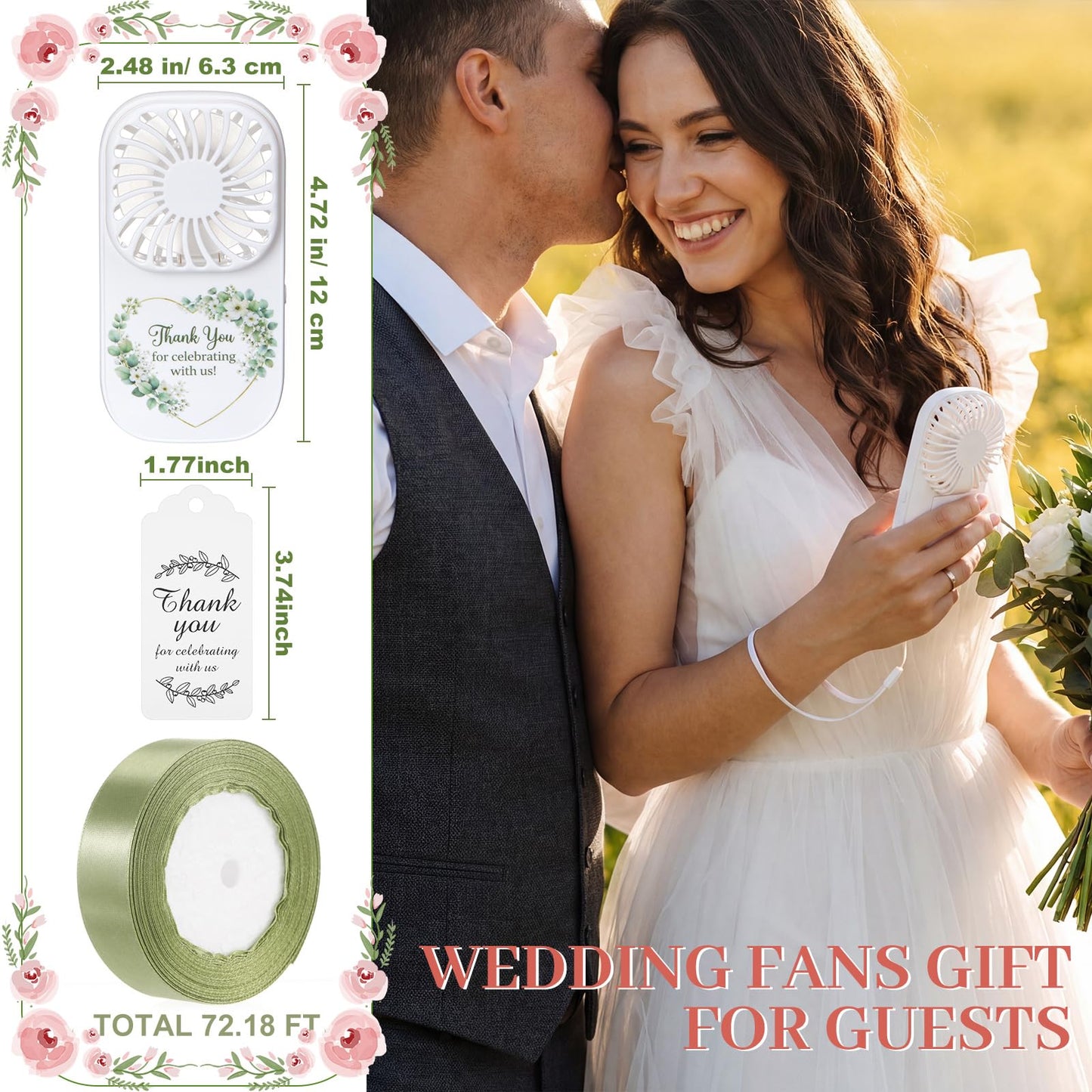 Mudder 50 Set Bulk Mini Handheld Fans for Wedding Guests 3 Speed Battery Operated Fan (Batteries Not Included) with Card Gift Bag for Bridal Party