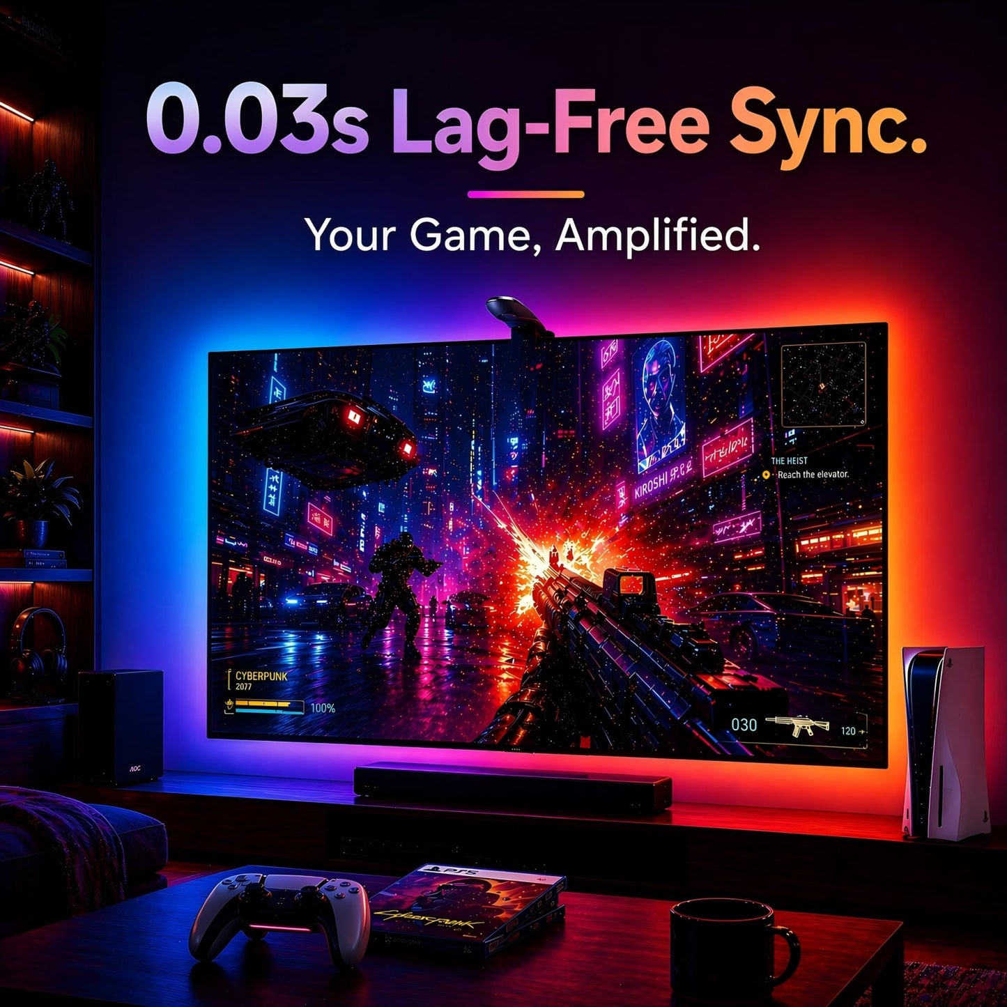 AOC TV LED Backlight, TV Lights that Change with TVs for 55-65 inch Screen, RGB Strip Lighting with Sensor, Syncs Behind The Monitor, Smart App