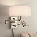 Possini Euro Design Tesoro Modern Swing Arm Wall Mounted Lamp Adjustable LED Brushed Nickel Plug-in Light Fixture Off White Drum Shade for Bedroom
