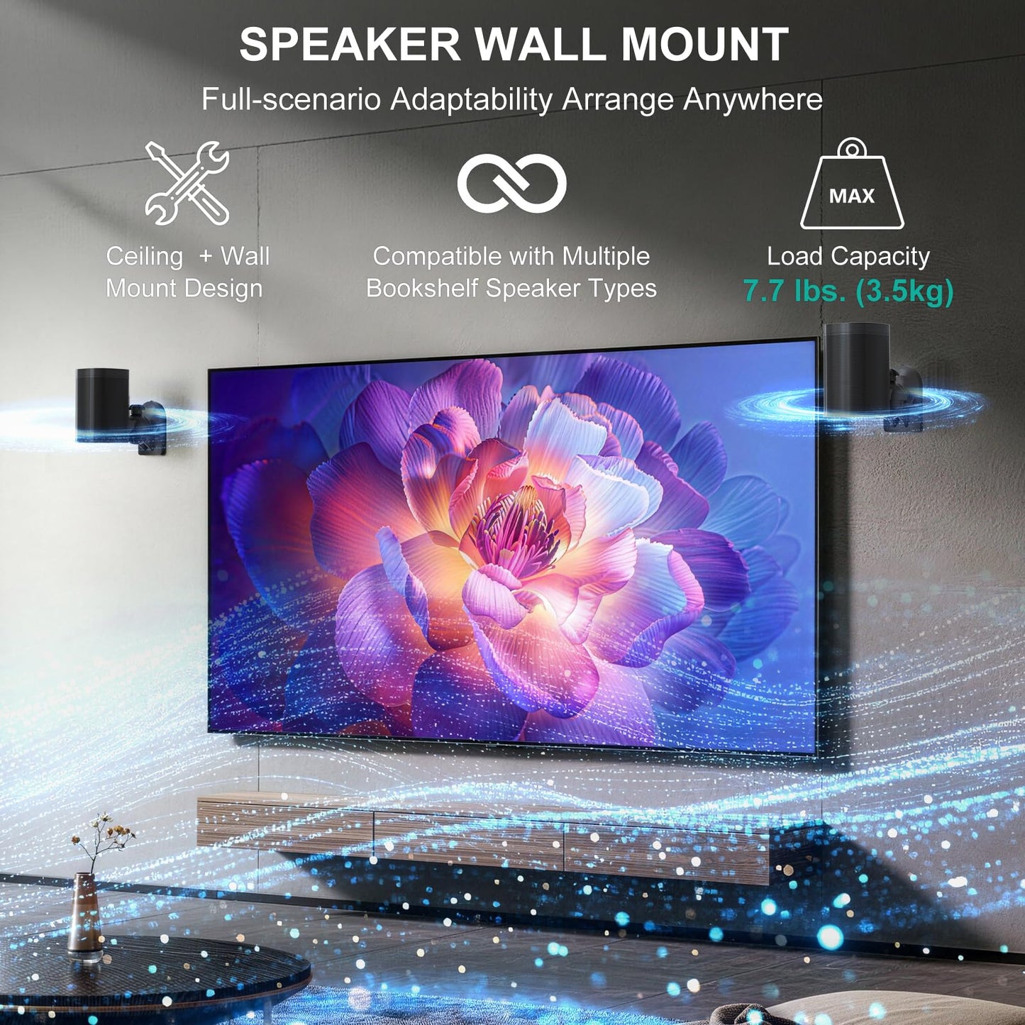 WALI Speaker Wall Mount, Surround Sound Speaker Stand with Adjustable Swivel Tilt Angle, Small Bookshelf Speaker Mount for Living Room, Home Theater