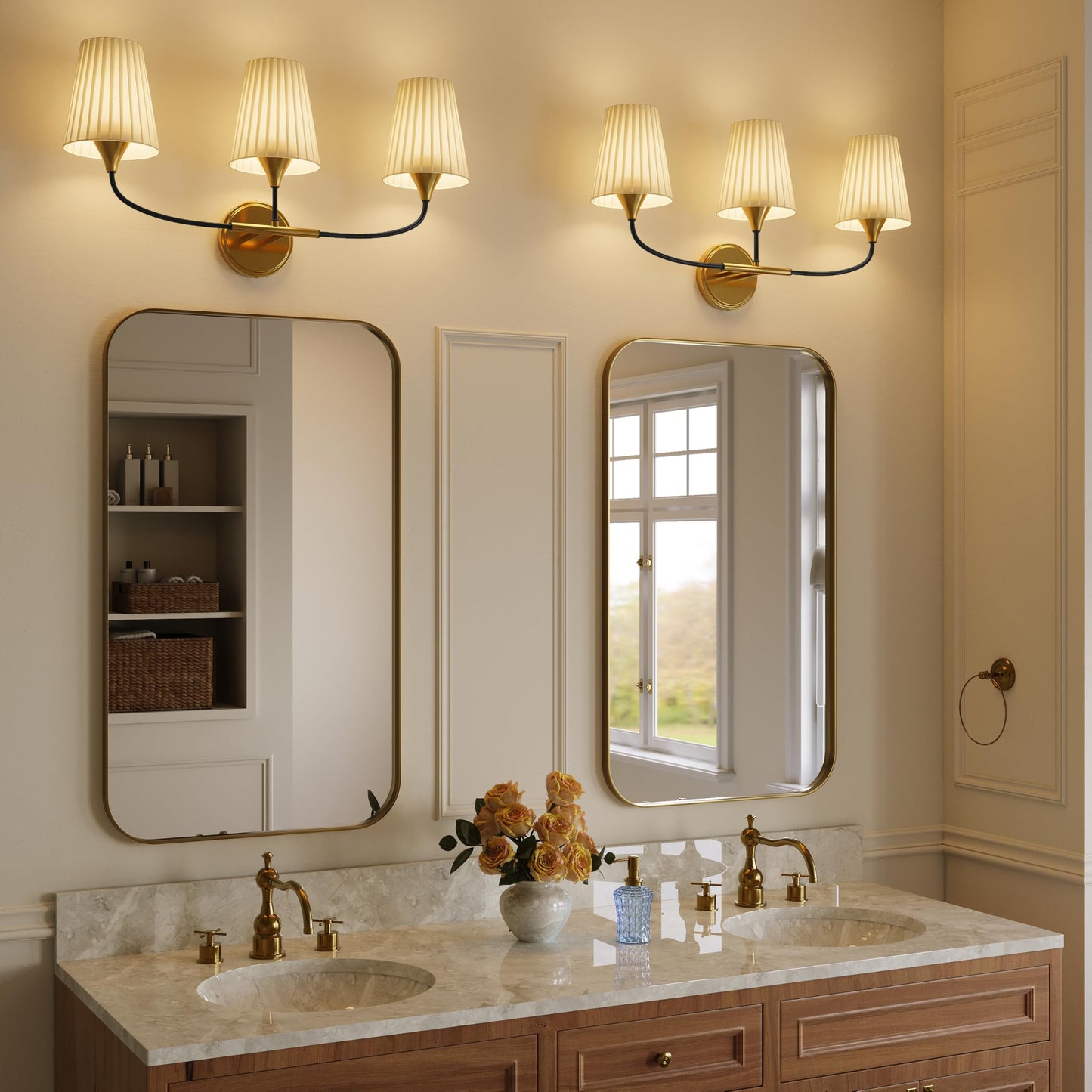 Lanxithen Bathroom Light Fixtures Over Mirror, 3 Light Vanity Light for Bathroom, Black Gold Vanity Light Fixtures with Flared Ivory White Fabric