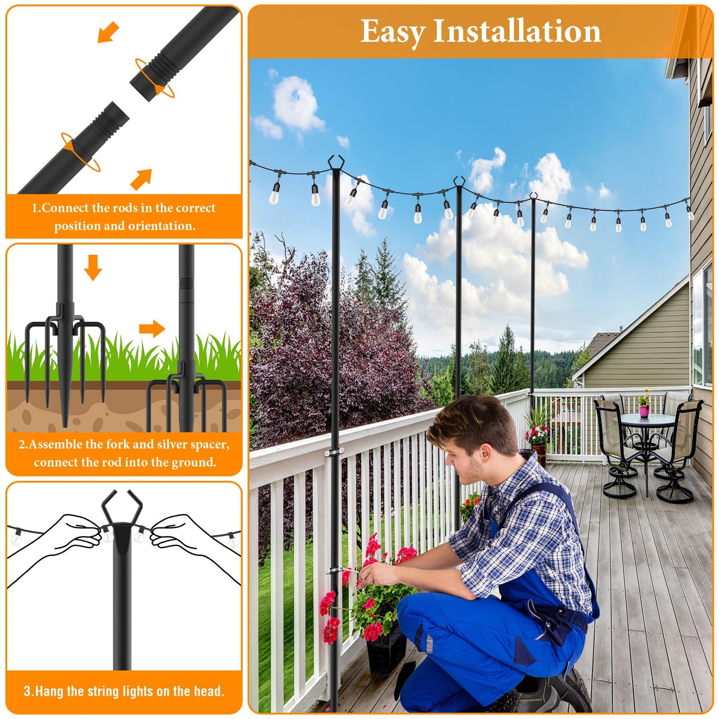 Mutovlin 2 Pack String Light Poles,10 Ft Light Poles for Outside String Lights,Outdoor Lights Pole with Fork,Metal Poles Stand for Patio Deck Backyard