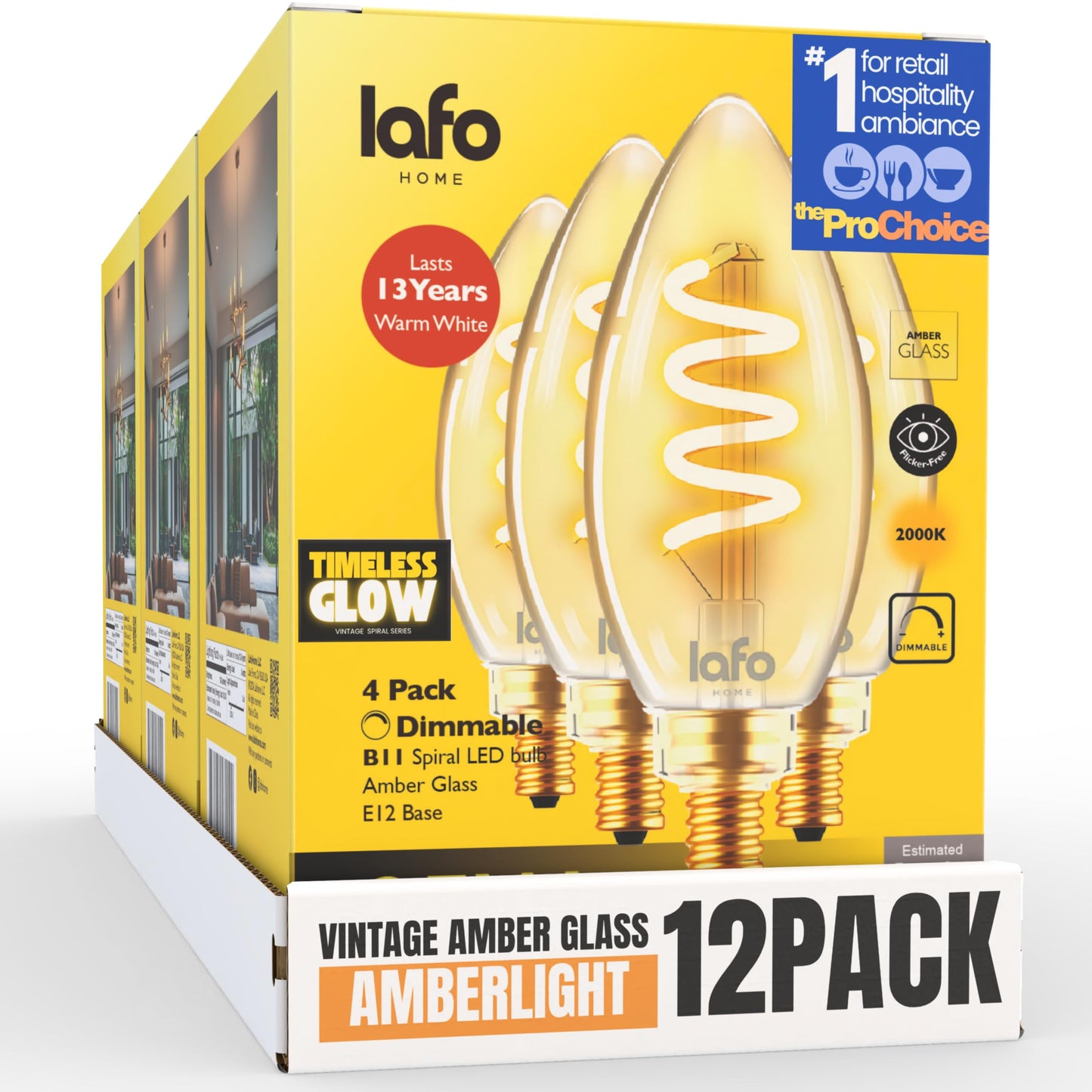 LafoHome TimelessGlow 12 Pack Dimmable B11 LED Candelabra Bulb 3W 25W Equivalent Warm Amber 2000K E12 Base CRI80 Amber Glass Spiral Filament ETL FCC