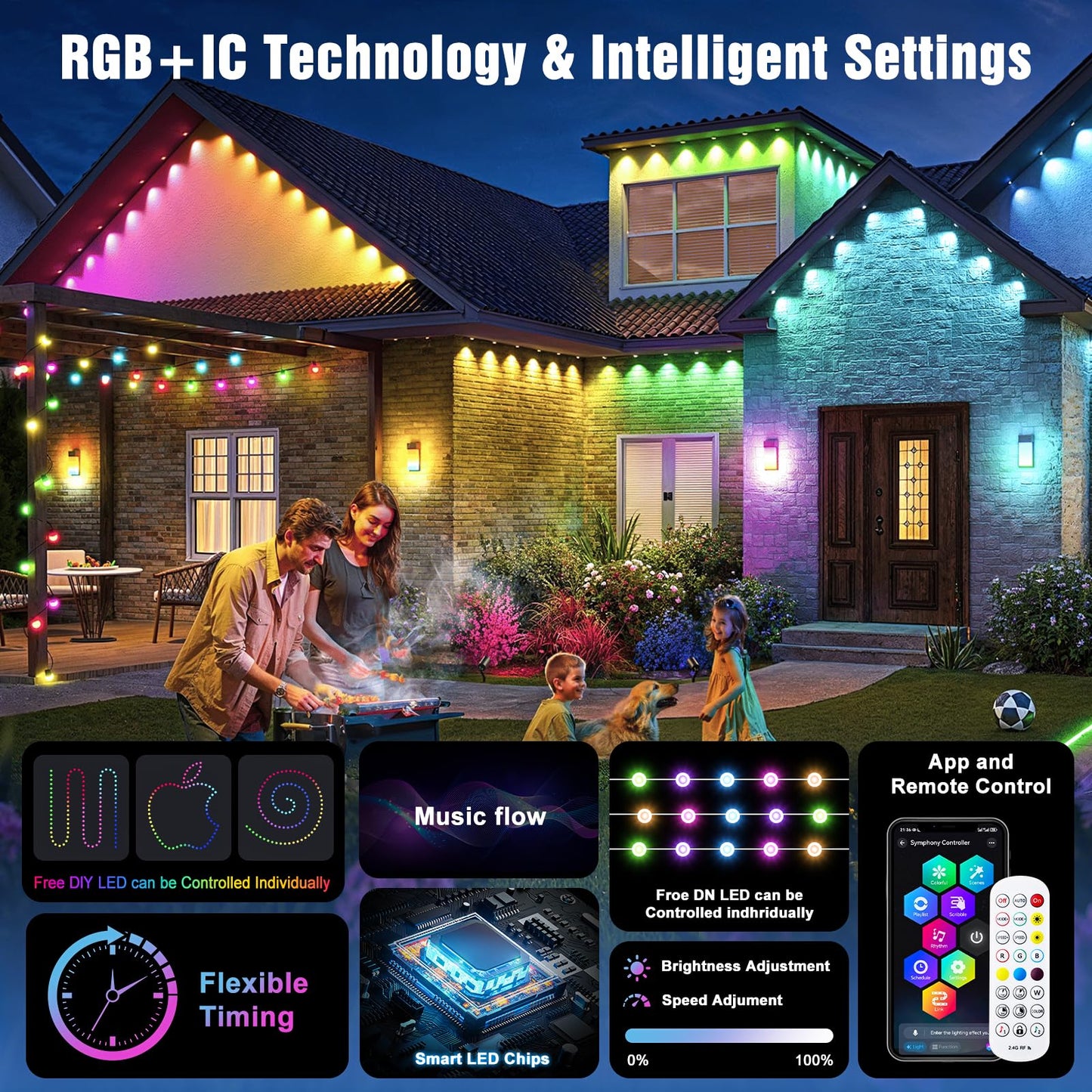 JOH Permanent Outdoor Lights,100FT RGB+IC Smart Eave Lights with DIY Color, IP67 Waterproof, App & Remote Control, 72 Scene Modes, Outdoor Roof