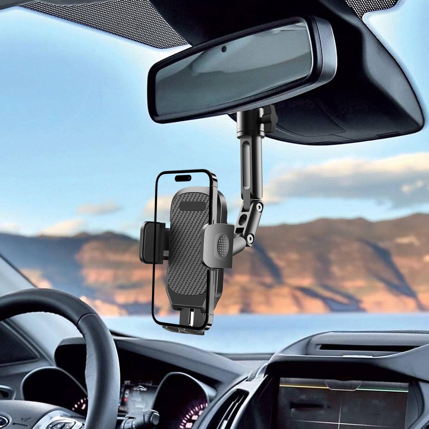 Quyee Phone Holder Car, Rear View Mirror Phone Holder - Aluminum Alloy Mount Multi-Angle Adjustment Rotatable and Retractable Compatible with All 4-7