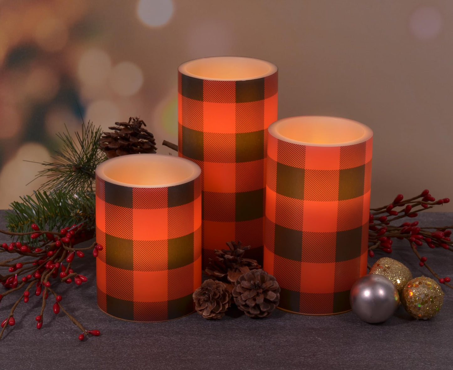 Mark Feldstein & Associates Buffalo Plaid Winter Holiday LED Flameless Pillar Candles, Set of 3, Red and Black, 6 Inch