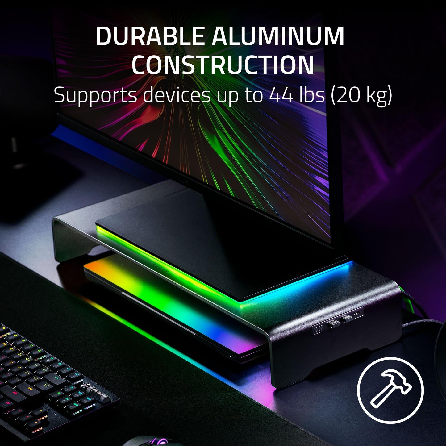 Razer Monitor Stand Chroma: 4 Port Hub - USB A 3.2, USB C 3.2, HDMI 2.0 - Ergonomic Height - Durable Aluminum Supports Up to 44 lbs - Organize Storage