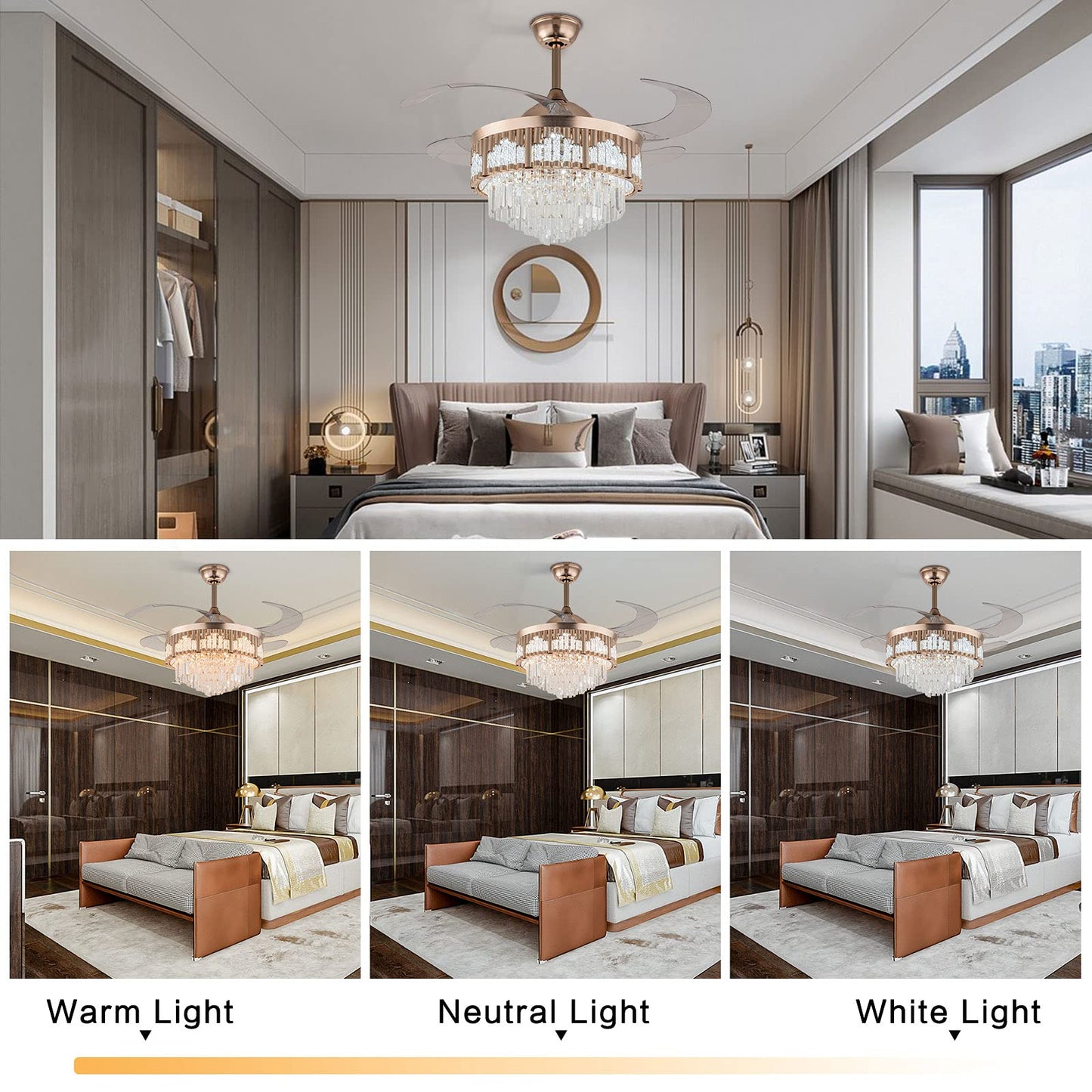OUKANING Fandelier Crystal Retractable Ceiling Fans Light and Remote Invisible LED Crystal Chandelier Fanfor Living Room Dining Room Hall-Polished
