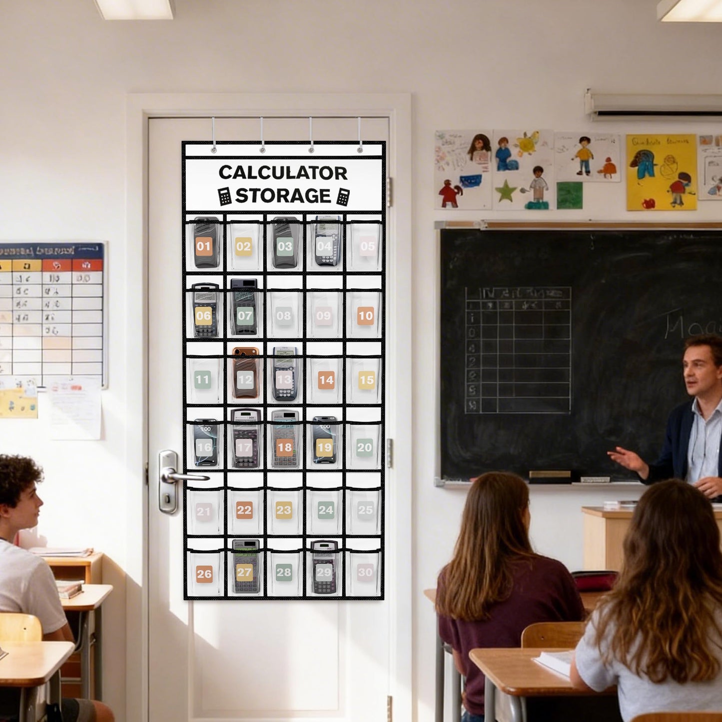 30-Pocket Calculator Holder for Classroom, Hanging Calculator Pocket Chart with Clear PVC Pockets & Numbered Stickers, Calculator Storage Organizer