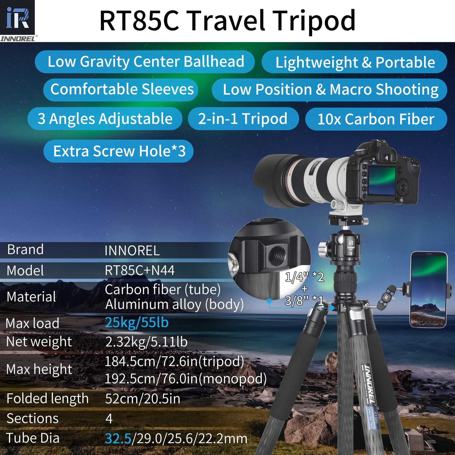 Carbon Fiber Tripod-INNOREL RT85C Super Professional Tripod Monopod Heavy Duty Stand Support Low Gravity Center 360°Panoramic ballhead for Digital