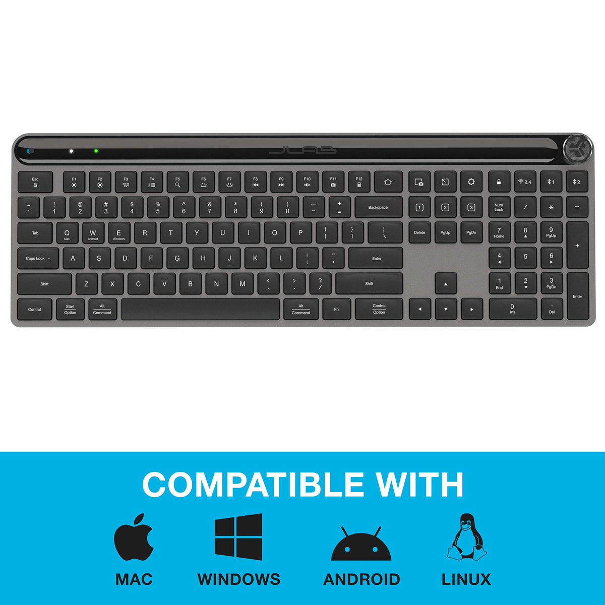 JLab, Epic, Wireless Keyboard, Bluetooth 5.2, USB Dongle, Multi-Device, Backlit, 108 Keys, Black