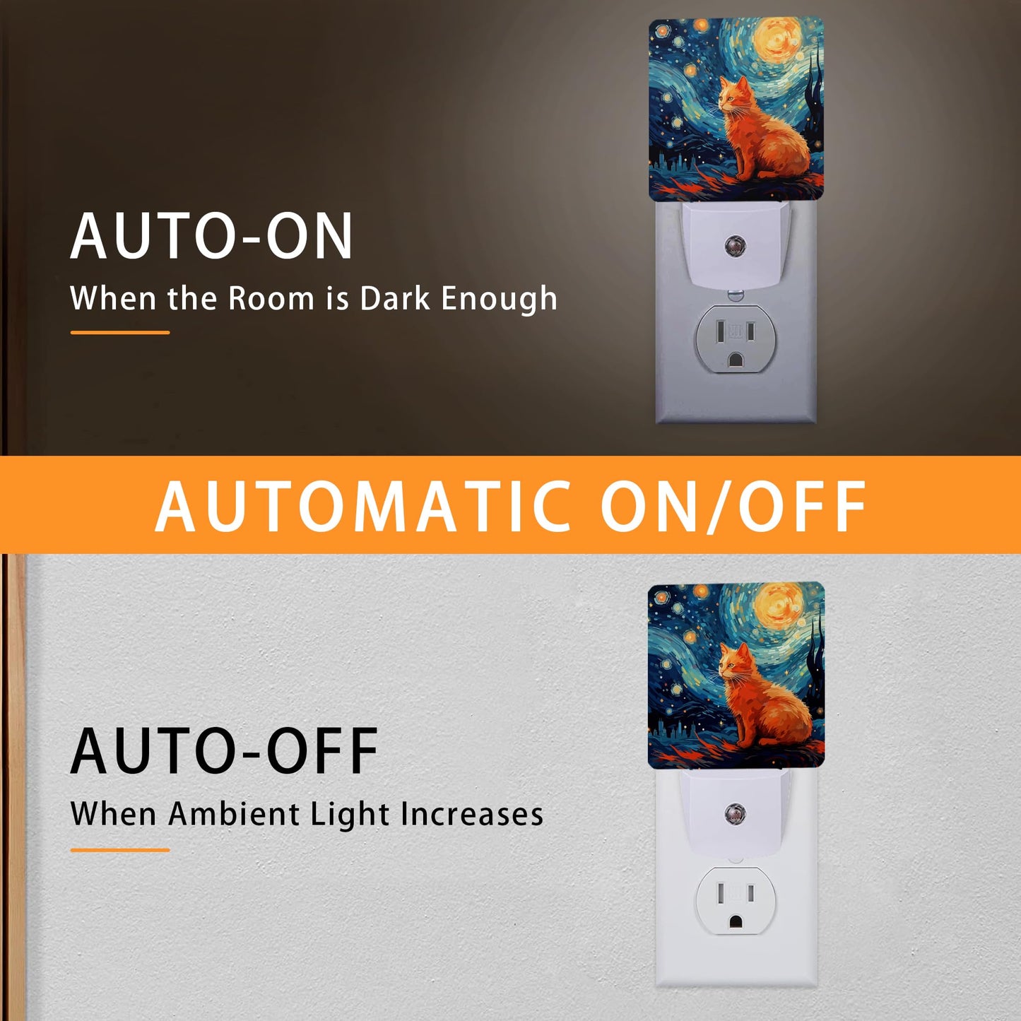 Gearsly Starry Night Cat Night Light,Night Lights Plug into Wall with Dusk to Dawn Sensor,Lamp for Bedroom Bathroom Hallway Nightlight for Women