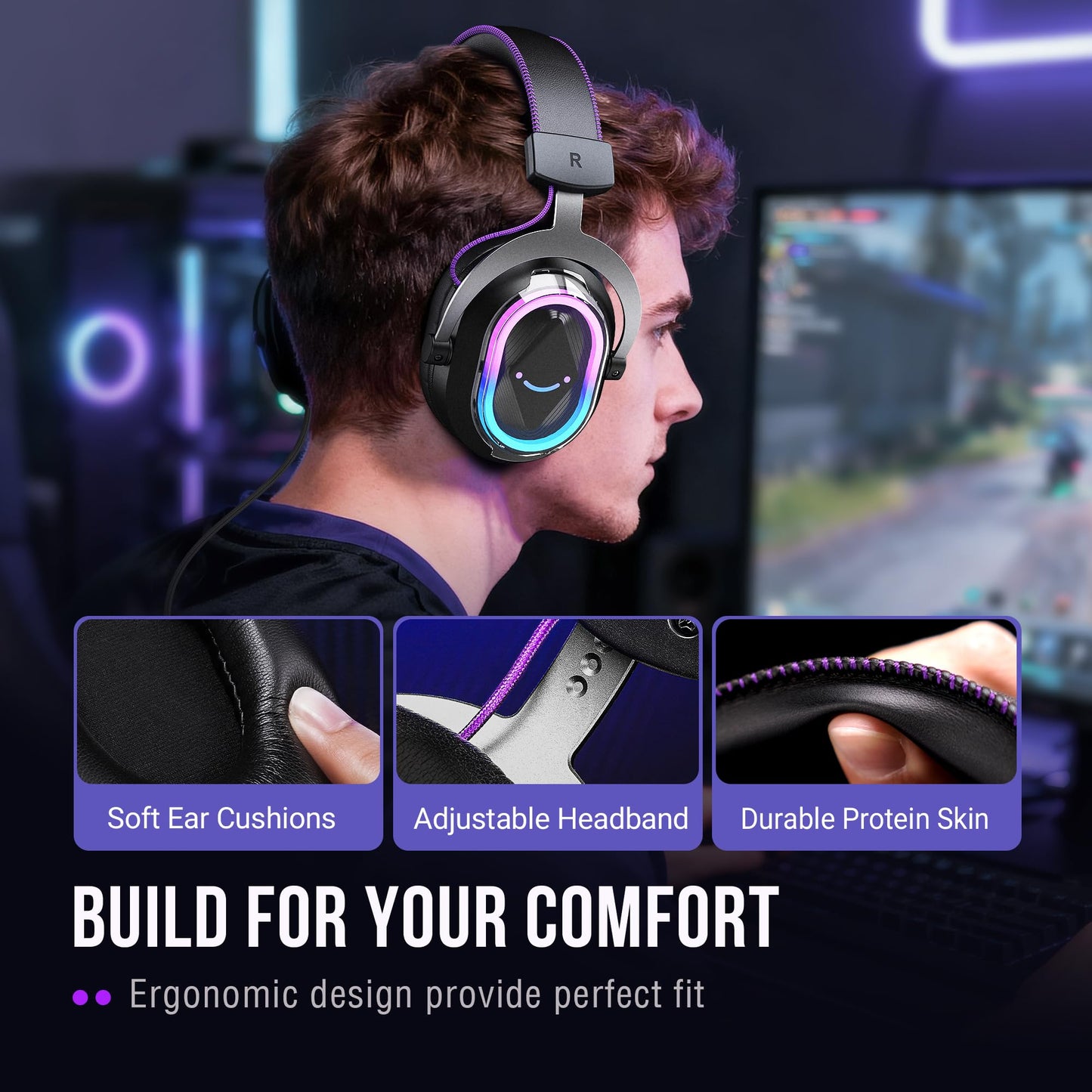 FIFINE Wired USB Gaming Headset: 7.1 Surround Sound - Vibrant Customizable RGB - Game/Chat Balance, Gamer Headphone with Noise Canceling Mic for PC