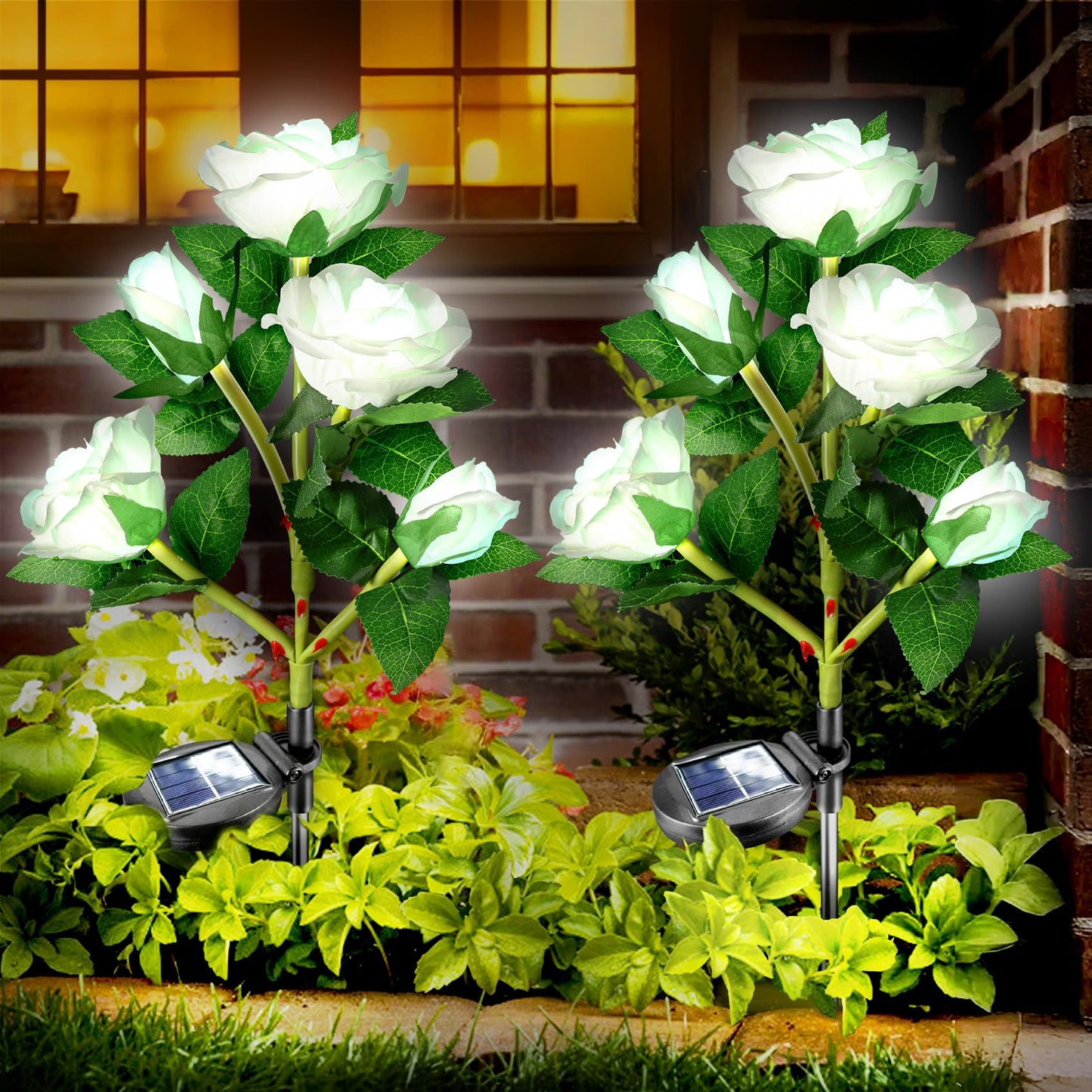 Anordsem Solar Garden Lights Outdoor: 10 Waterproof Fabric Roses 2 Pack - White LED Flower Decorations for Yard Patio Path Cemetery Grave - Mother 's