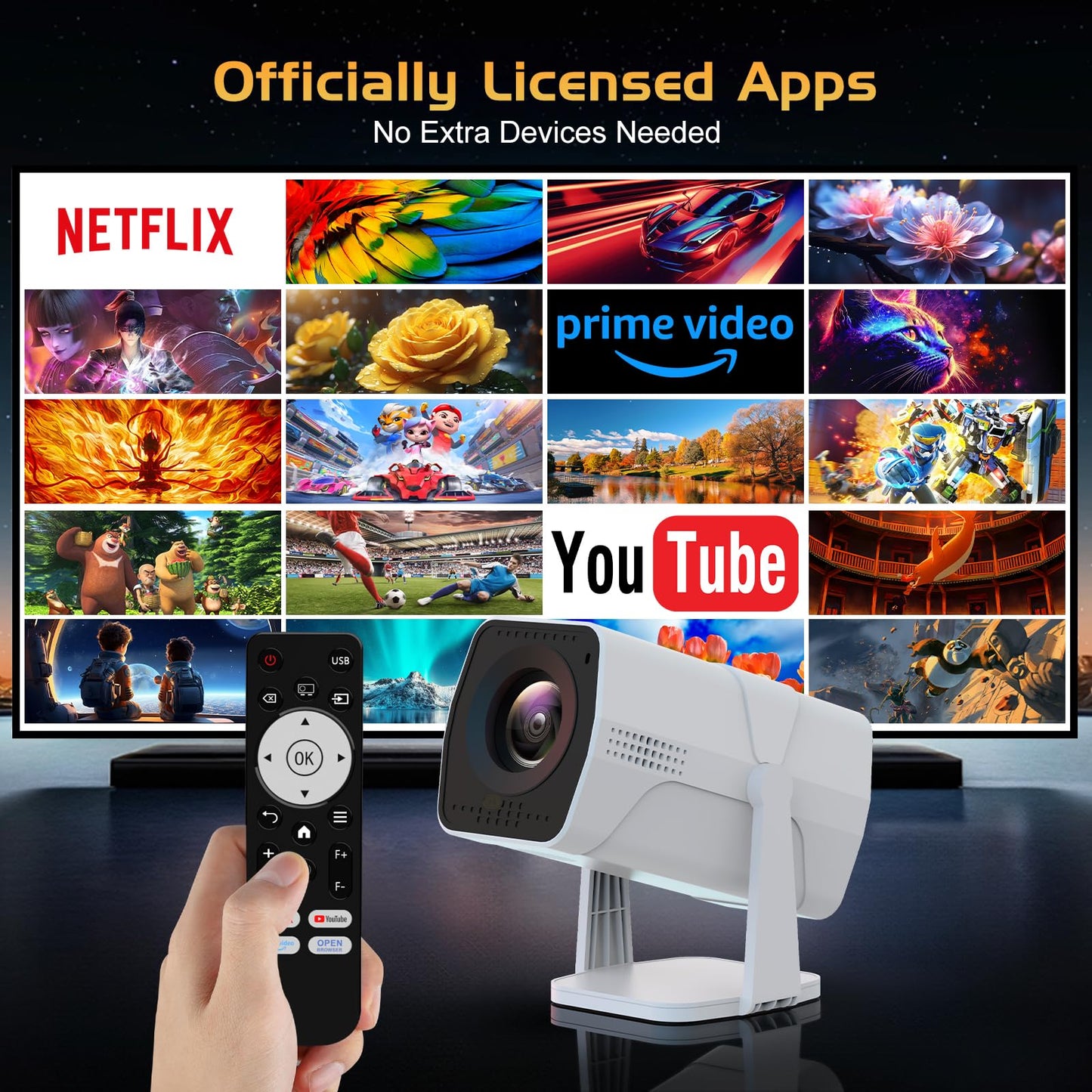 ?Netflix Officially Licensed?TMY Projector with Built in Apps, 1080P Movie Projector with WiFi and Bluetooth, Electric Focus & Auto Keystone, 270°