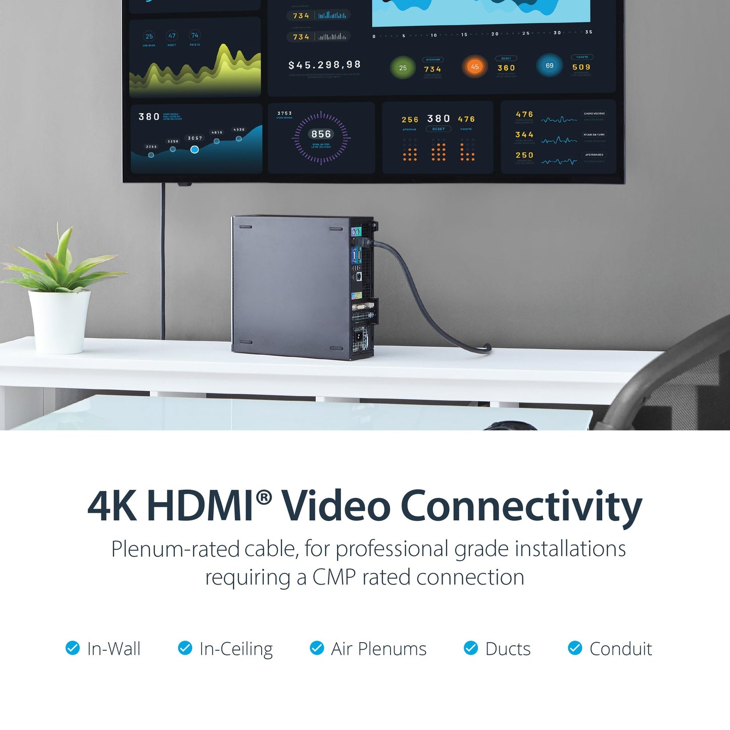StarTech.com 35ft Plenum Rated HDMI Cable, 4K High Speed Long HDMI Cord w/ Ethernet, 4K30 UHD, 10.2 Gbps, HDCP 1.4, In Wall Plenum HDMI 1.4 Display