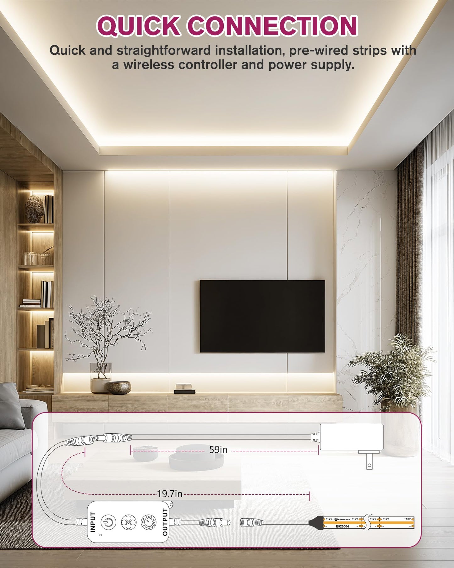 EMITEVER COB LED Light Strip 16.4FT Kit,4000K Natural White,12V Long Run No Voltage Drop for Uniform Brightness,Dimmable,Flexible Tape Light