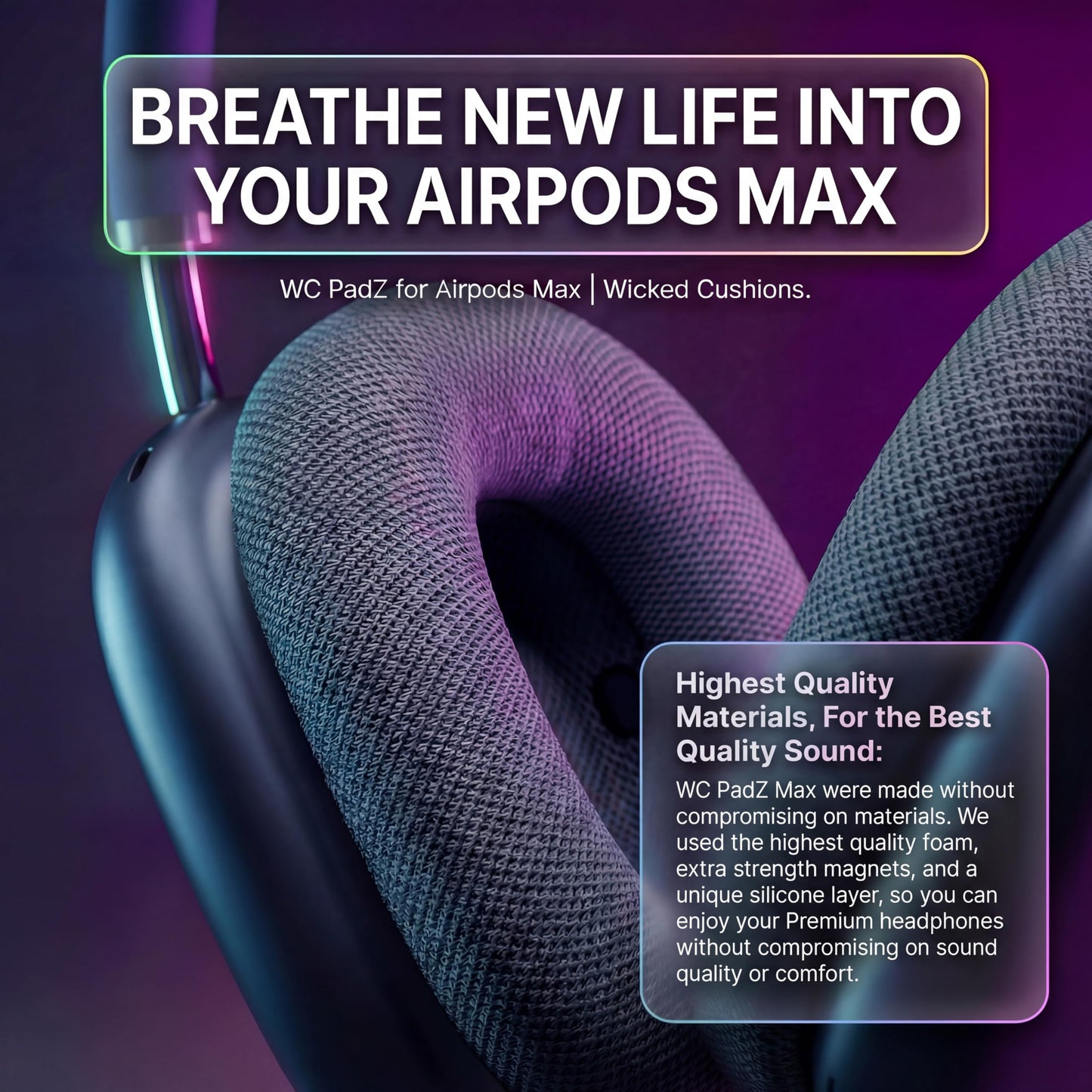 WC PadZ Max - Ear Cushions Compatible with AirPods Max 1 & 2, Made by Wicked Cushions | Soft Fabric, Enhanced Comfort & Unique Style | Midnight