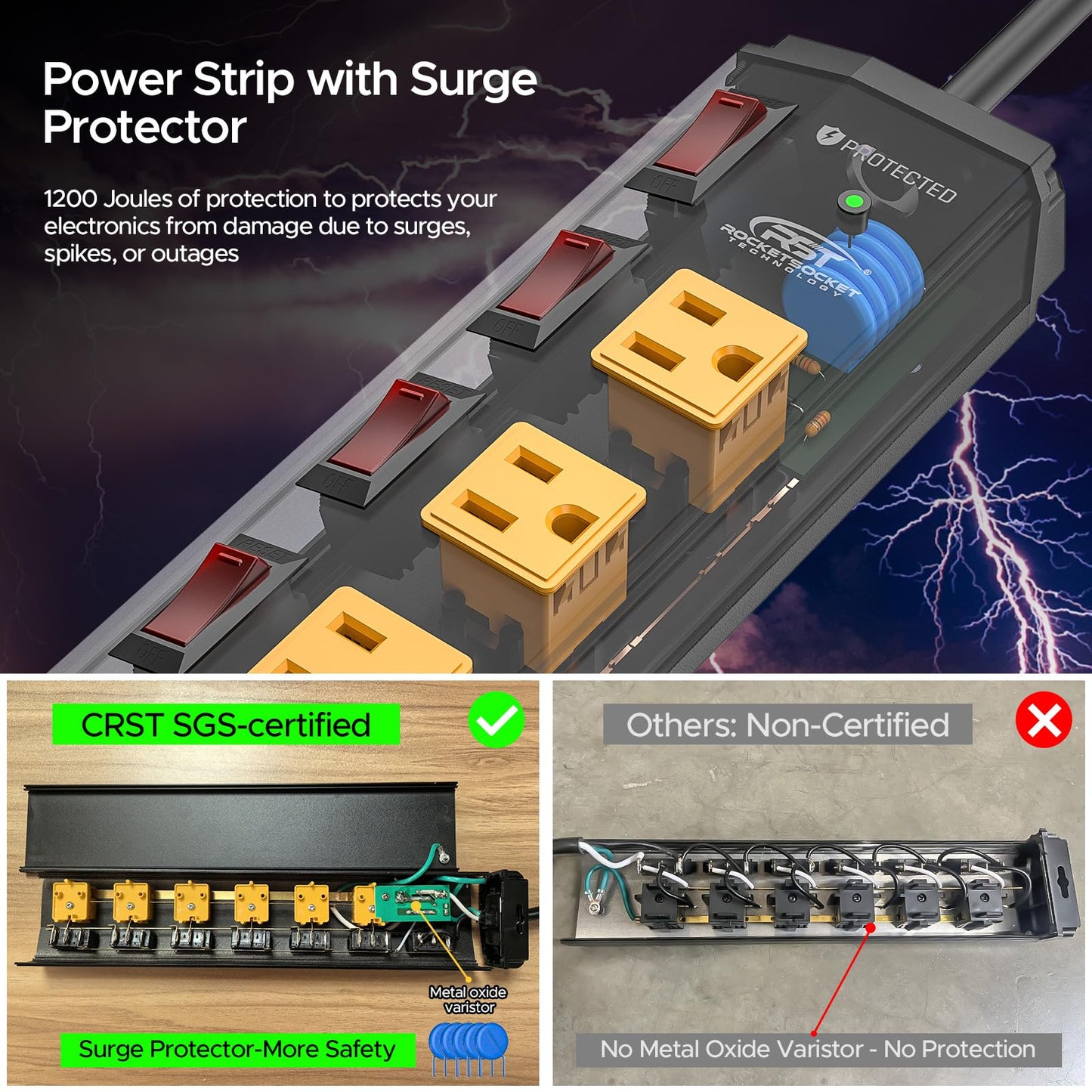 CRST 6 Outlet Metal Heavy Duty Power Strip with Individual Switches, 6FT Wall Mount Garage Power Strip, Surge Protector (1200 Joules), 15amp/1875W