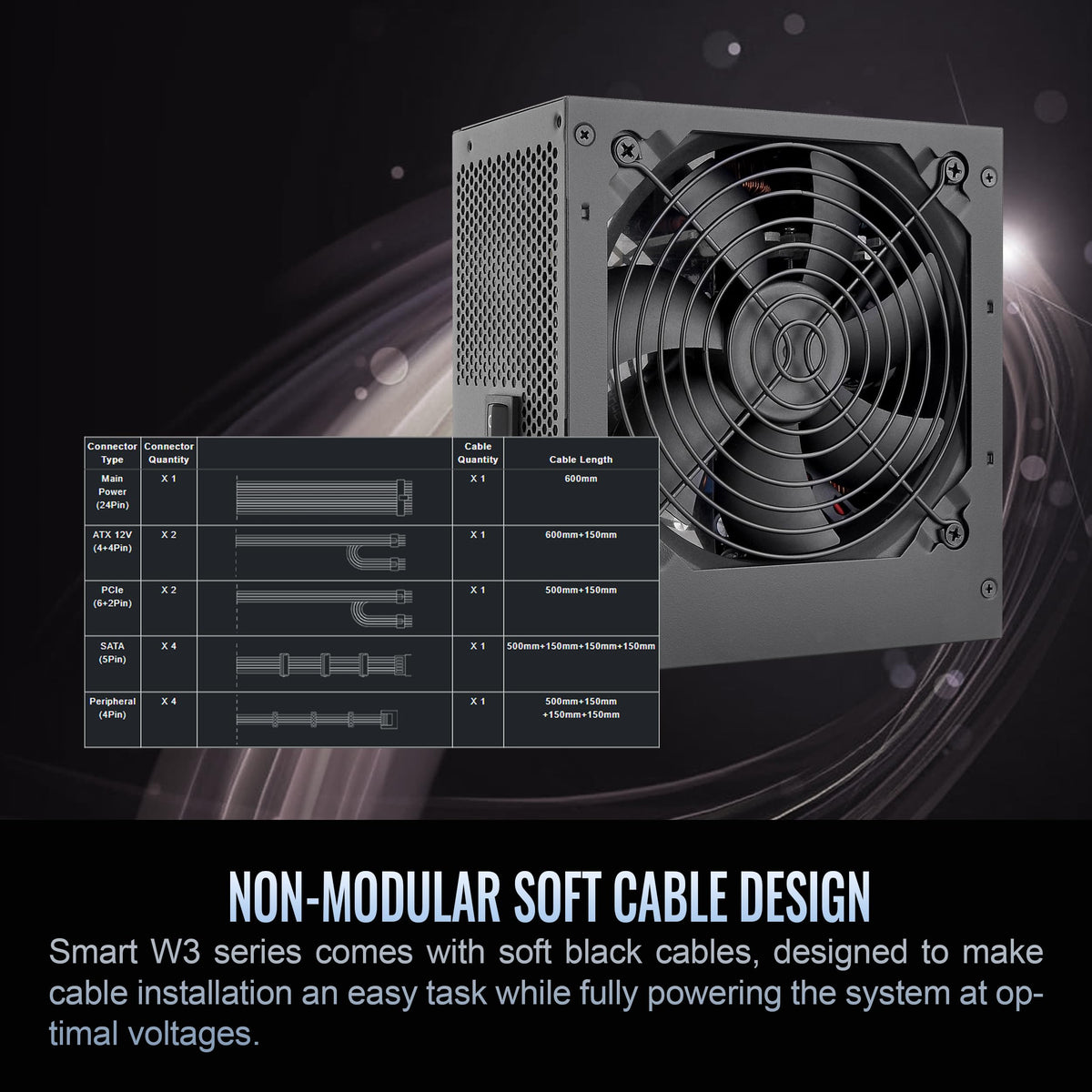 Smart W3 Series 80Plus Certified 700W Power Supply; ATX v3.1 Spec; 120mm FDB Fan; 5 Year Warranty; PS-SPW-0700NNFAWU-1