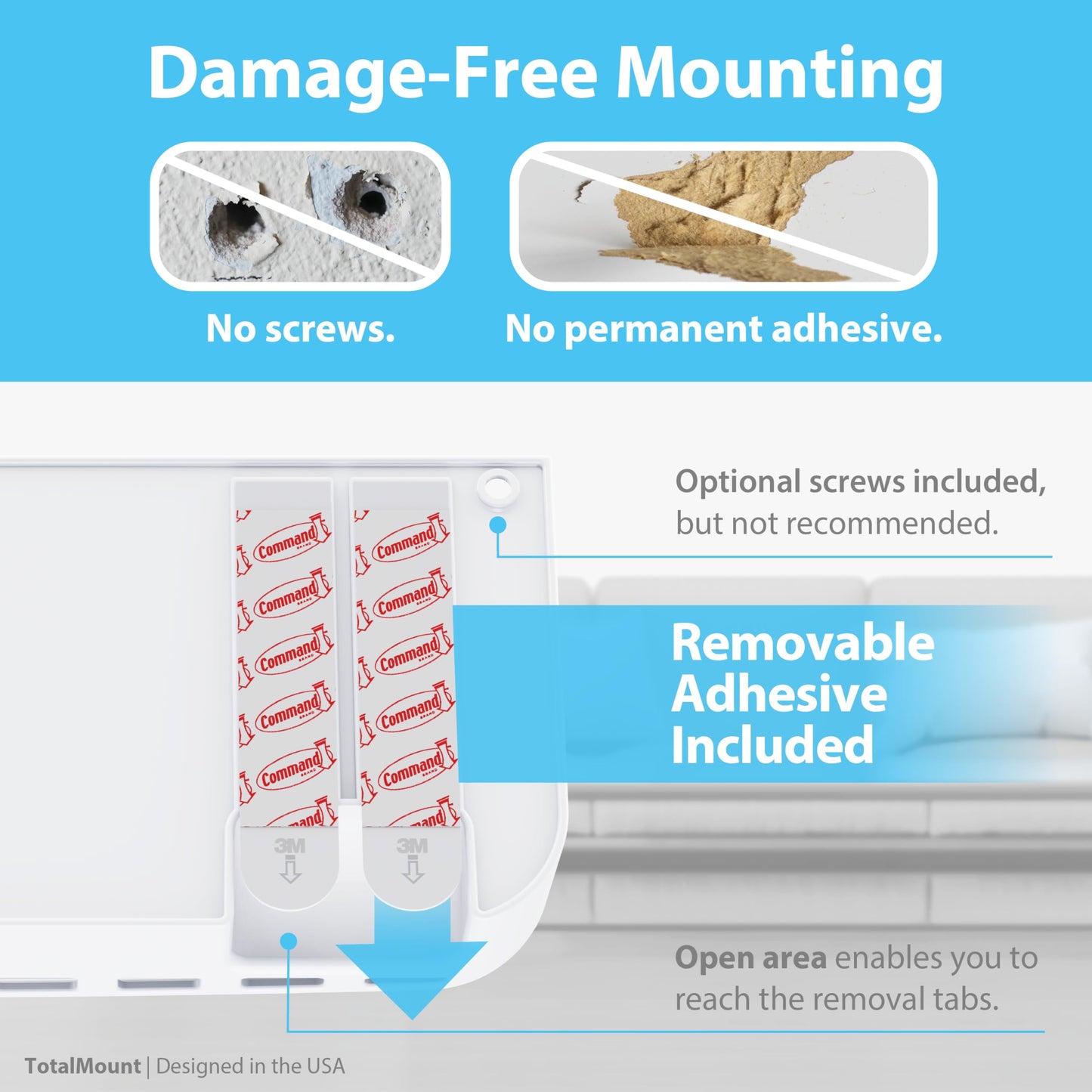 TotalMount Hole-Free Remote Holder - Eliminates The Need to Drill Holes in Your Wall (Premium White Remote Control Holder for 5 or 6 Remotes)