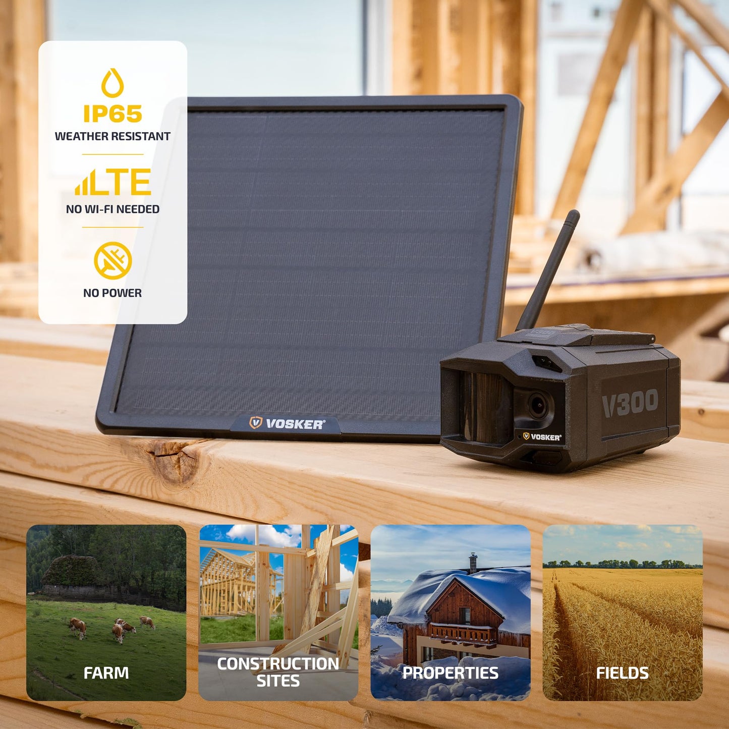 Vosker V300 Ultimate Construction Pack Outdoor Security Camera with External Solar Panel for Remote Construction Sites 4G LTE Black Single Unit