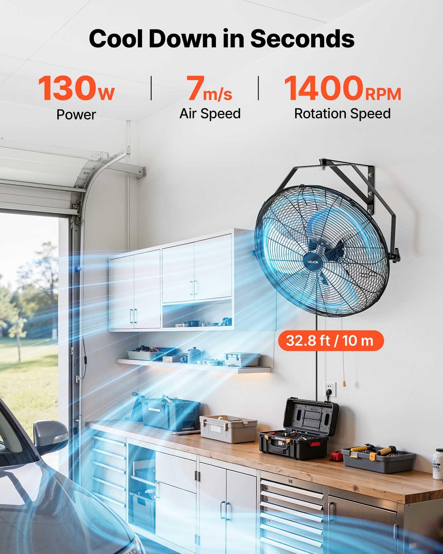 VEVOR Wall Mount Fan, 20 in Wall Mounted Hanging Fan, 3-Speed, Long Airflow Distance, Adjustable Rotation Angle, Mechanical Control, Powerful
