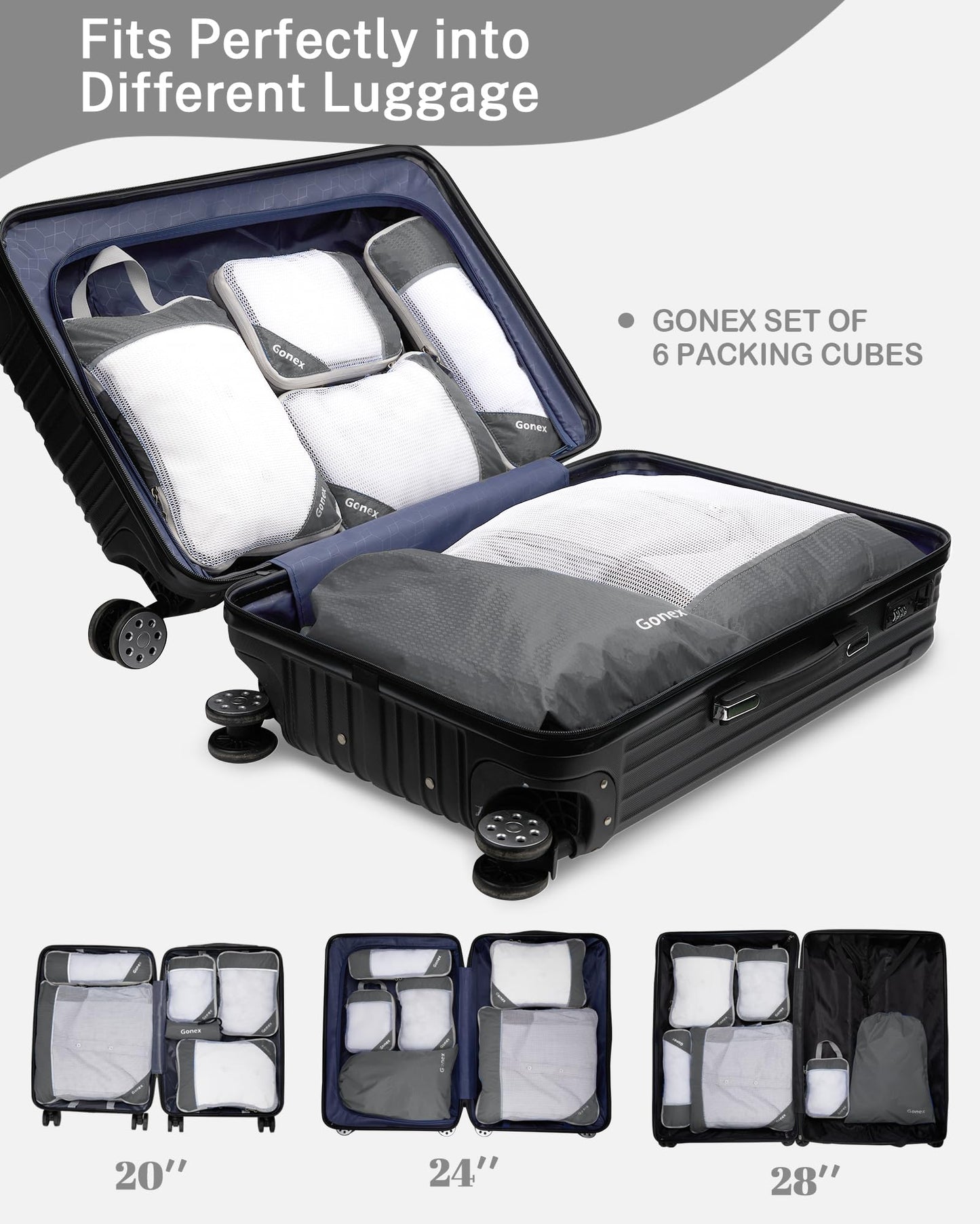 Gonex Compression Packing Cubes Mesh Organizers L+M+S+XS+Slim+Laundry Bag Gray