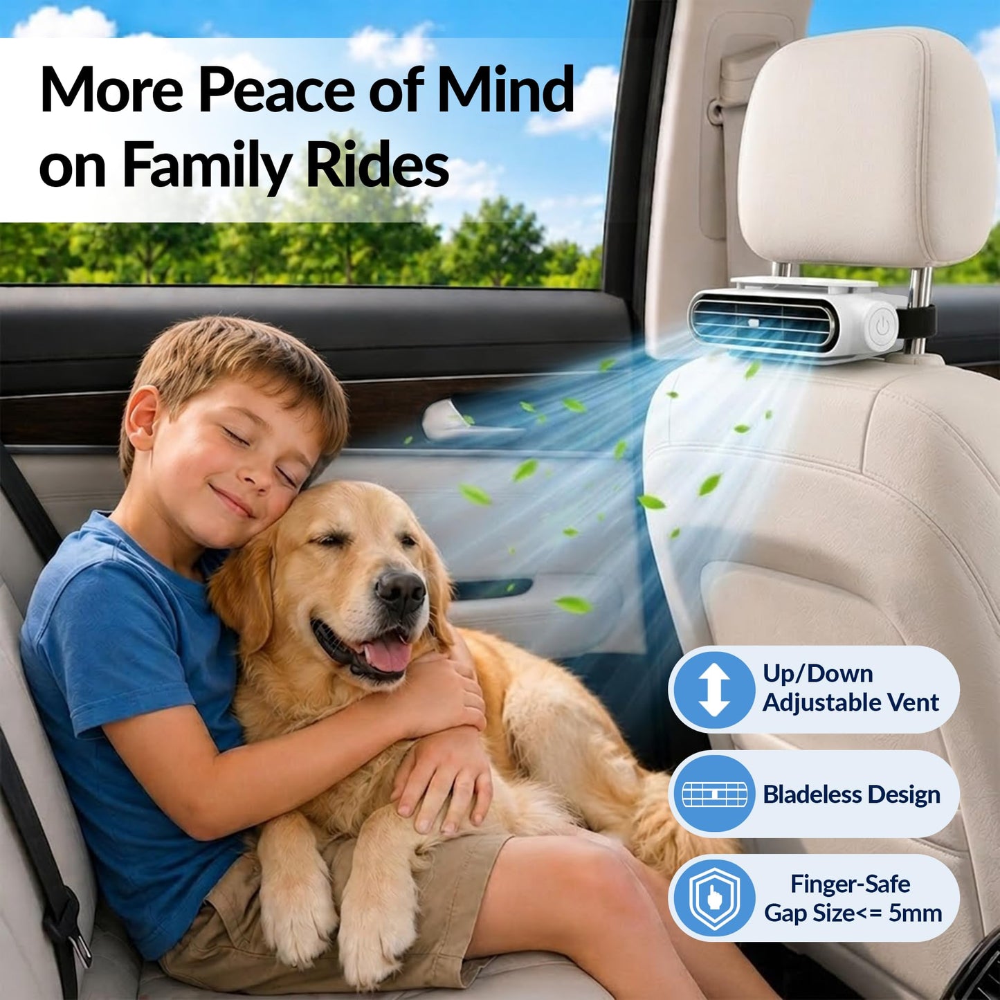 Car Fans for Backseat for Kids & Pets, Rechargeable Car Seat Fan, White