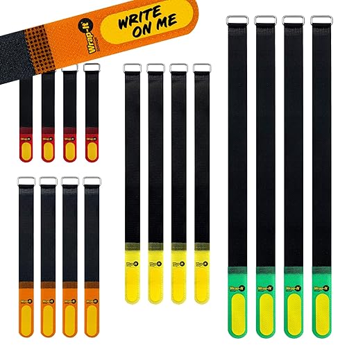 Wrap-It Storage Hook and Loop Cinch-Straps (Assorted 16 Pack) with Write on Label for Easy Cord Identification and Cable Management, Reusable