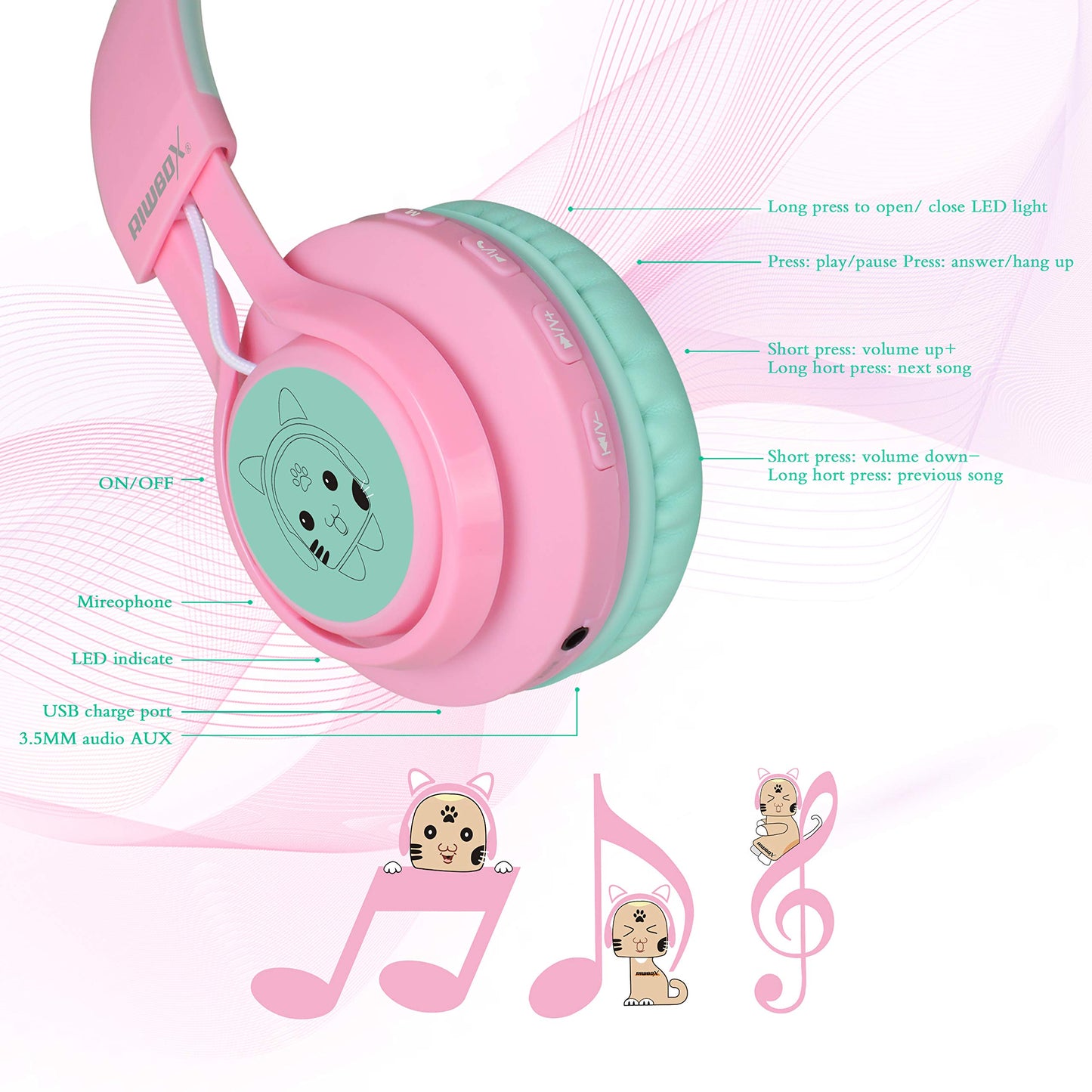 Riwbox CT-7 Cat Ear Kids Bluetooth Headphones, LED Light Up Bluetooth Wireless Over Ear Headphones with Microphone and Volume Control