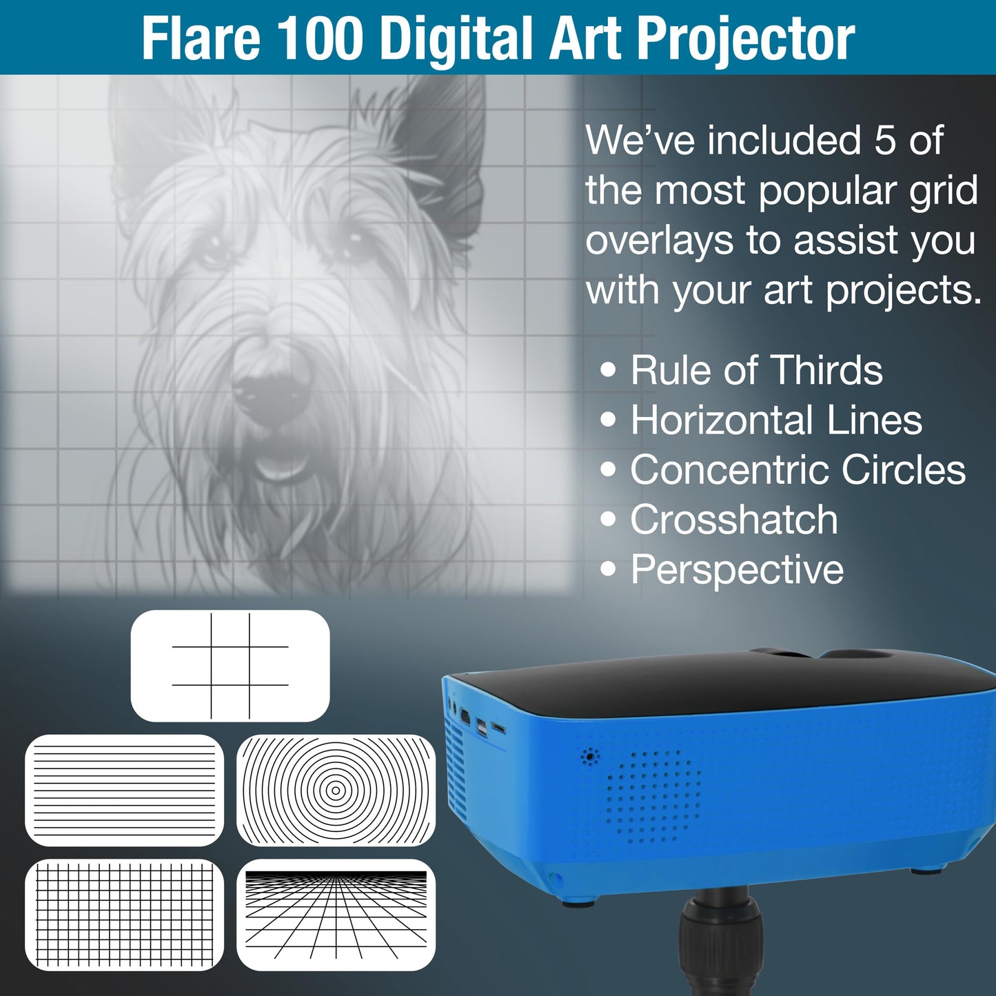 Artograph Flare 100 Digital Art Projector with Adjustable Monopod Stand, Blue/Black - 1080p Native Resolution, Built-In Art Grids for Drawing