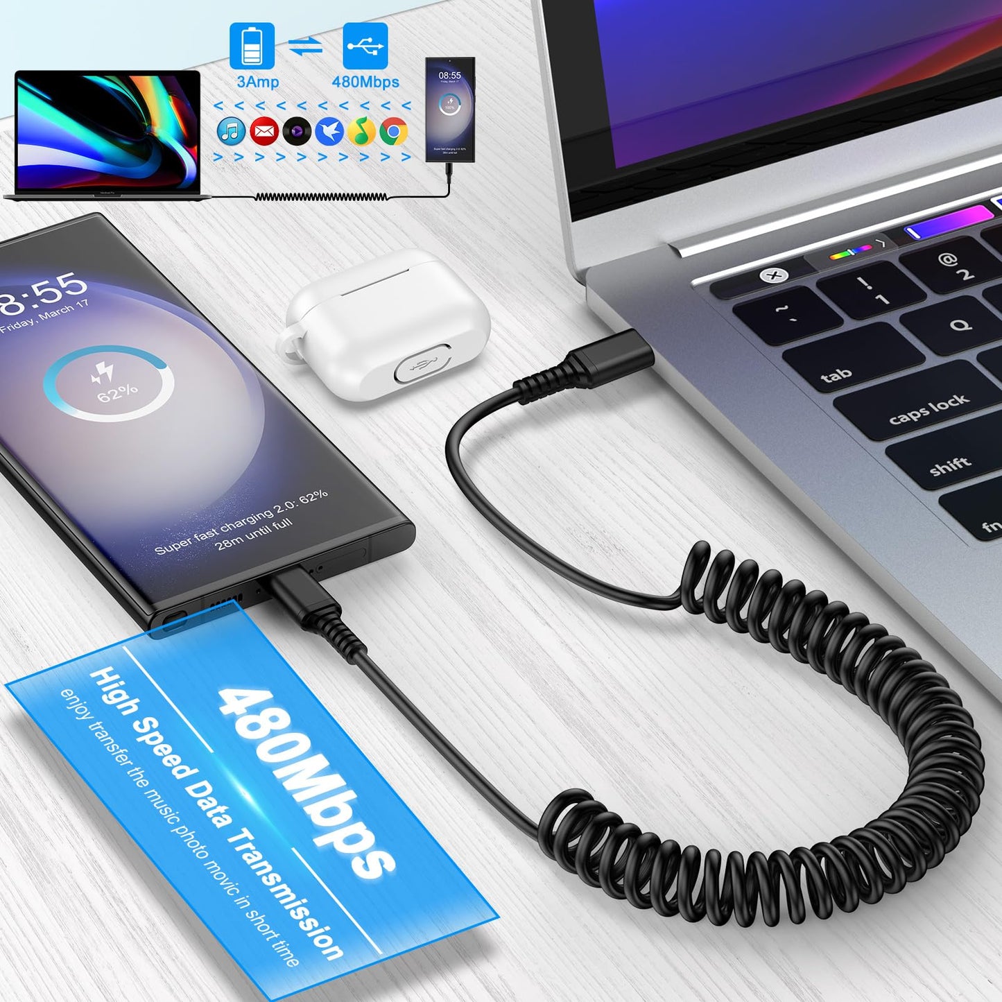Coiled USB C Charger Cable Car Carplay 3ft for iPhone 17 Pro Max Air 16e 16 Samsung Galaxy A17 S25 Ultra S25+ A16 S24 Plus FE, Retractable Short