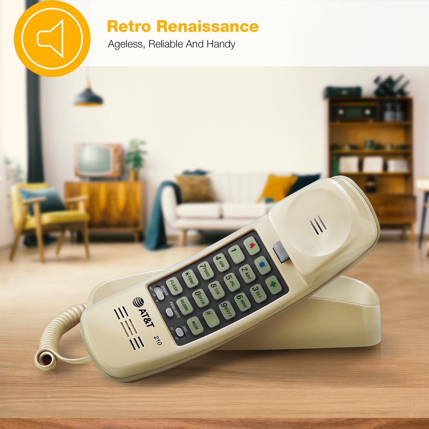 AT&T TRIMLINE 210 Corded Home Phone, No AC Power Required, Improved Easy-Wall-Mount, Lighted Big Button Keypad, 13 SpeedDial Keys, Last Number Redial