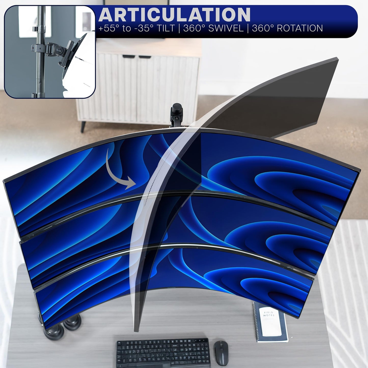 VIVO Vertically Stacked Triple Ultrawide Mount for up to 49 inch Screens, Heavy Duty Adjustable 3 Ultra-Wide Stand, 44 lbs Capacity Per Screen, Black