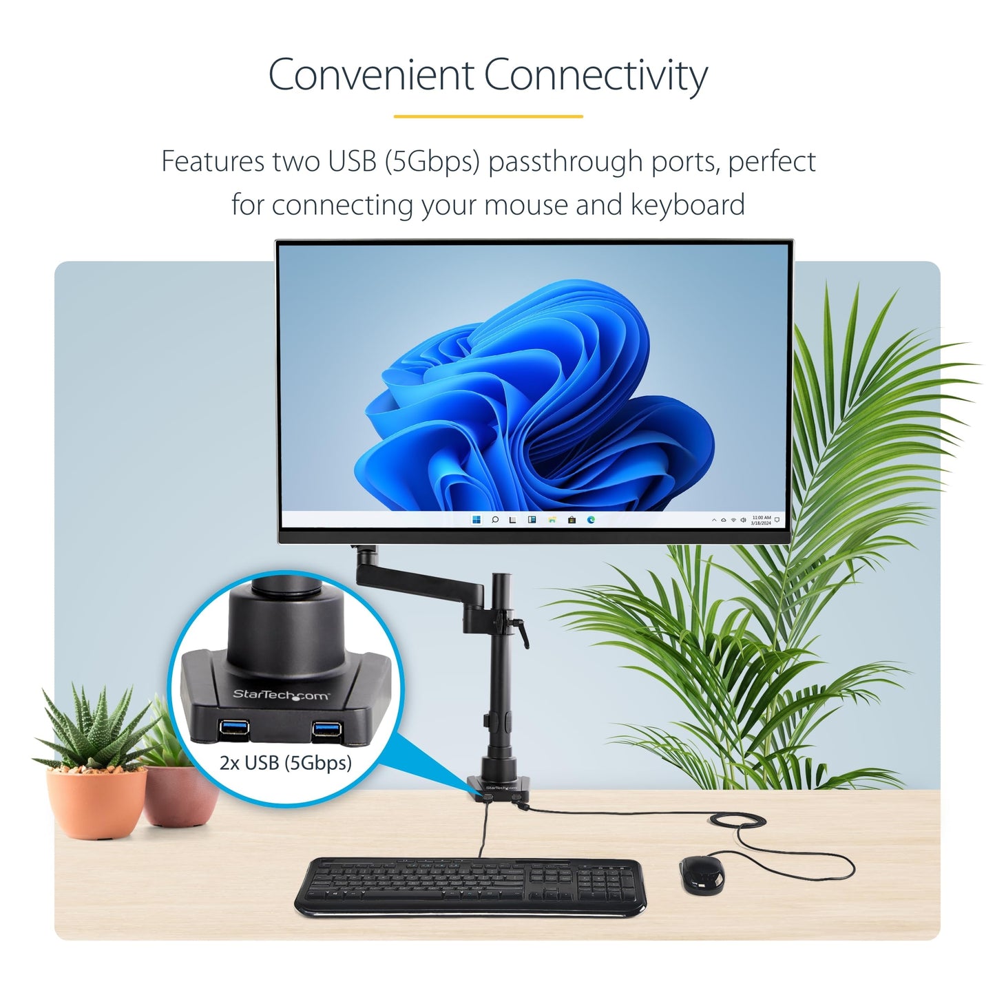 StarTech.com Desk Mount Monitor Arm w/ 2X USB 3.0 Ports for VESA Display up to 34" (17.6lb/8kg), C-Clamp/Grommet, Mechanical Spring