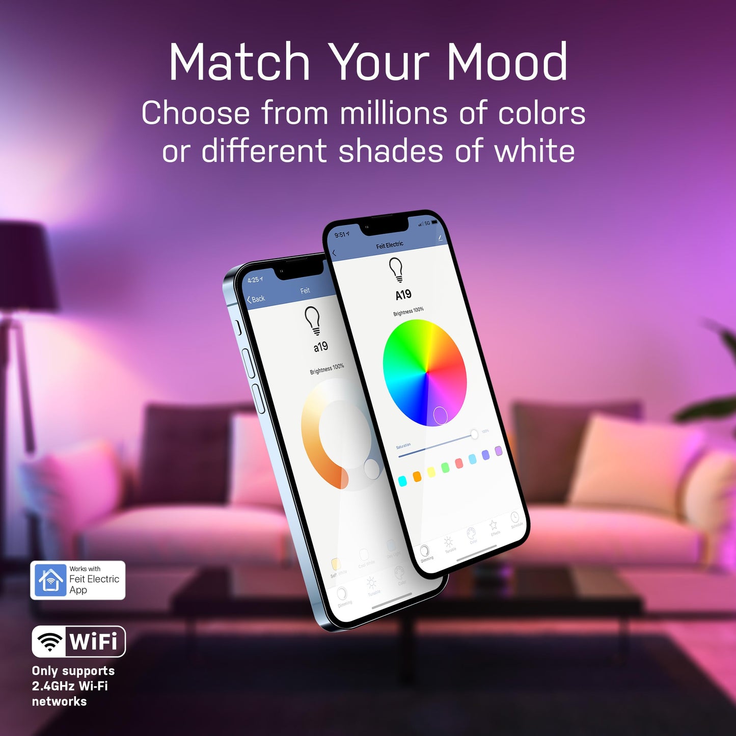 Feit Electric Smart Light Bulbs, A21 RGBW Color Changing, 100W Eq - 1 Pack