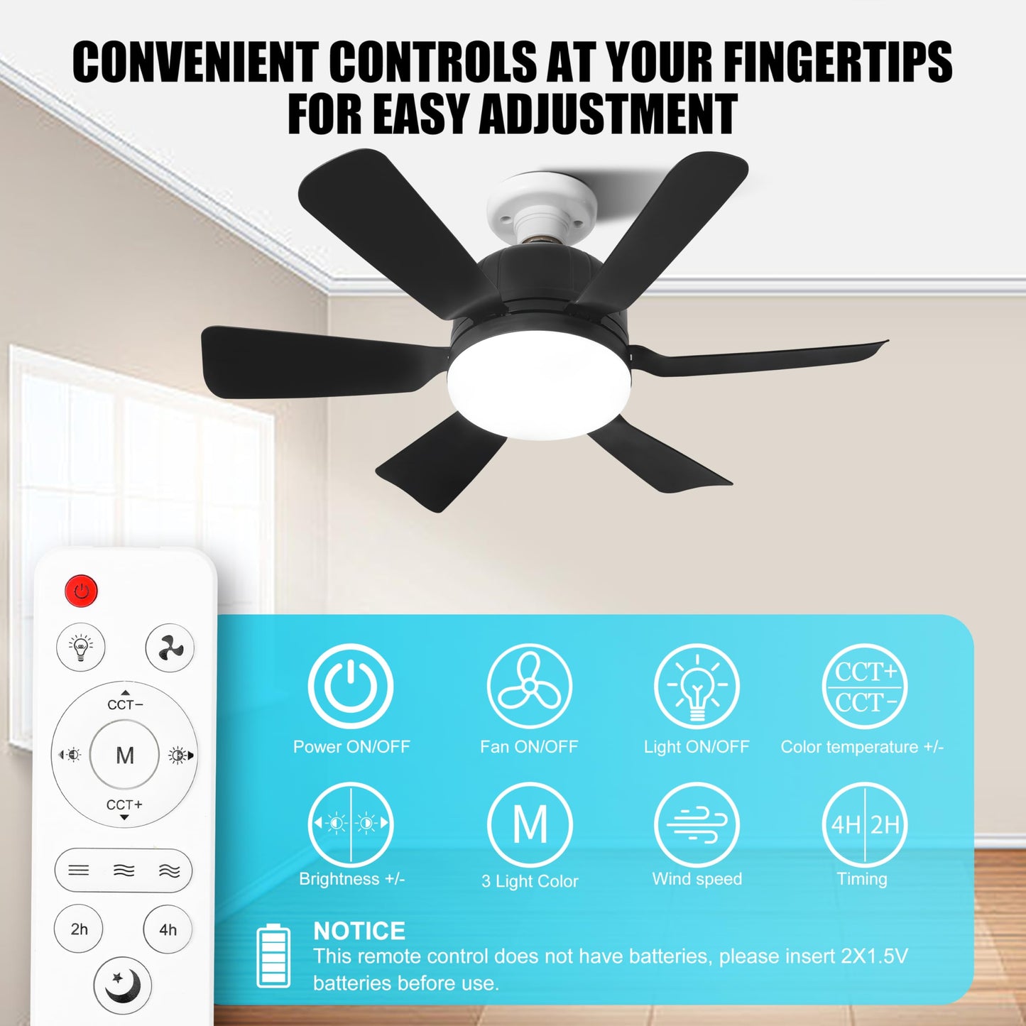 Hywyimlait Socket Fan Light with Remote, Portable Ceiling Fans with Lights for Bedroom, Kitchen, Living Room, 3 Color Stepless Dimming, Screws into