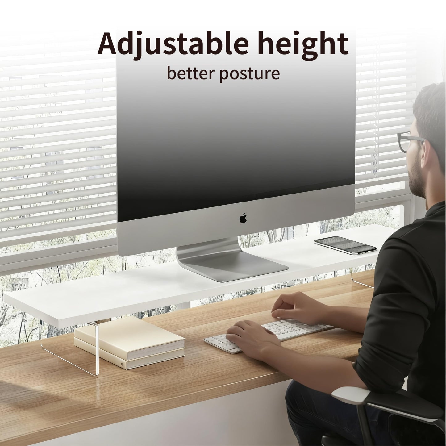 seicasaya Wood Monitor Stand Riser with Acrylic Legs, Computer Screen Stand Desk Organizer, 31.5 x 7.9 x 3.1 inch, Hold up to 66 lbs (White
