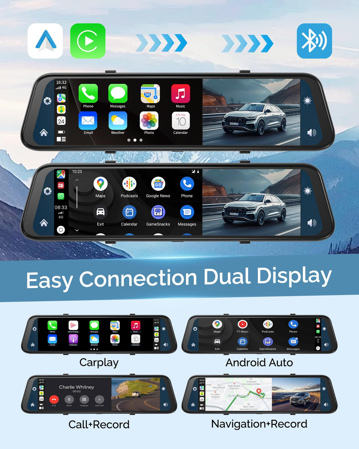 4K Rear View Mirror Camera with Carplay&Android Auto 12" Mirror Dash Cam