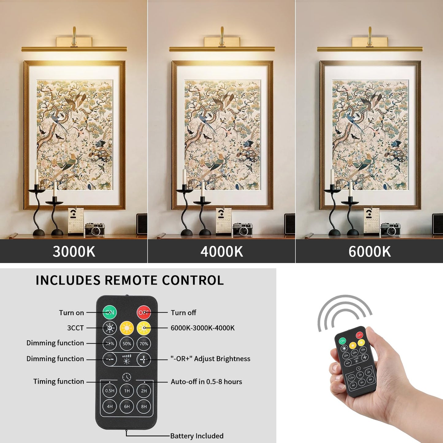 MKBNG Picture Light for Wall, 5000mAh Rechargeable Wireless Remote Lights, Dimmable Gold LED Art Painting Light with 3 Color Temps, Display