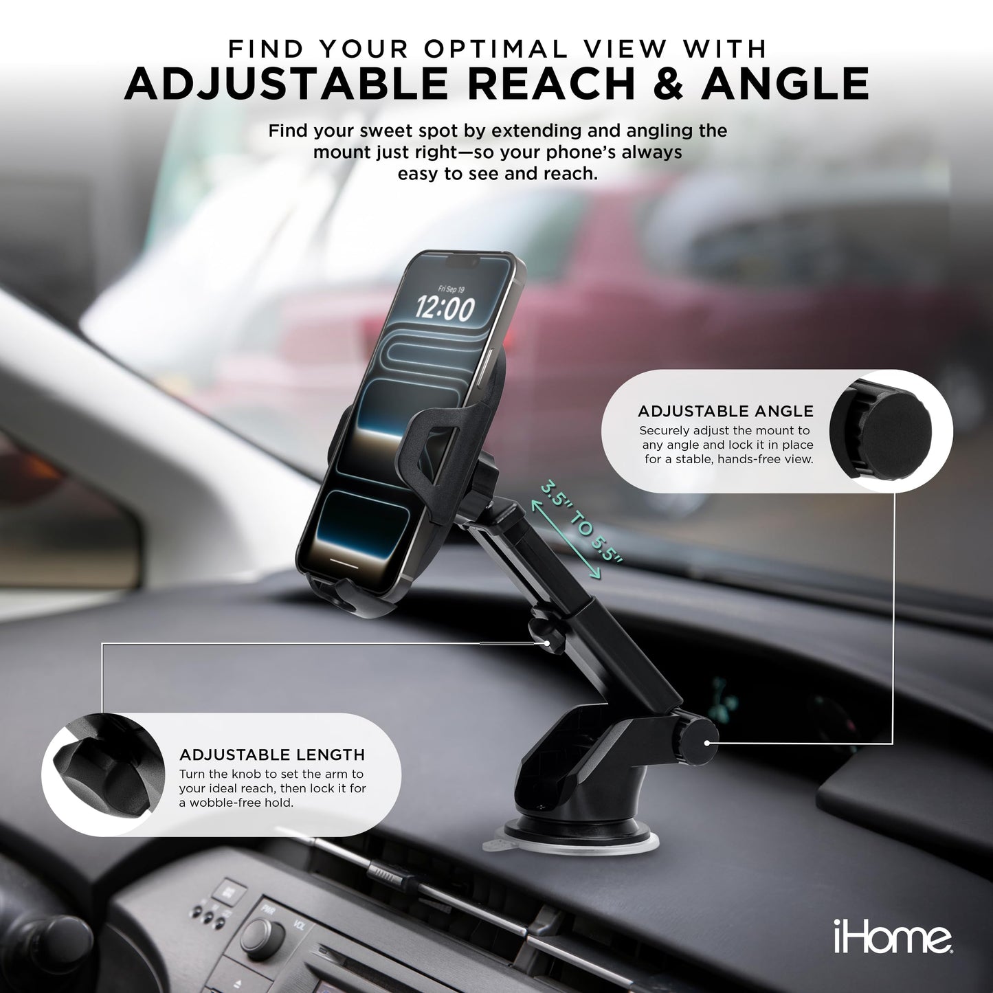 iHome Car Mount, Dashboard/Windshield/Vent Mount, Swivel Neck, Silicone Grip, Adjustable Mount Arm with Suction Cup Base (Universal Car Mount)