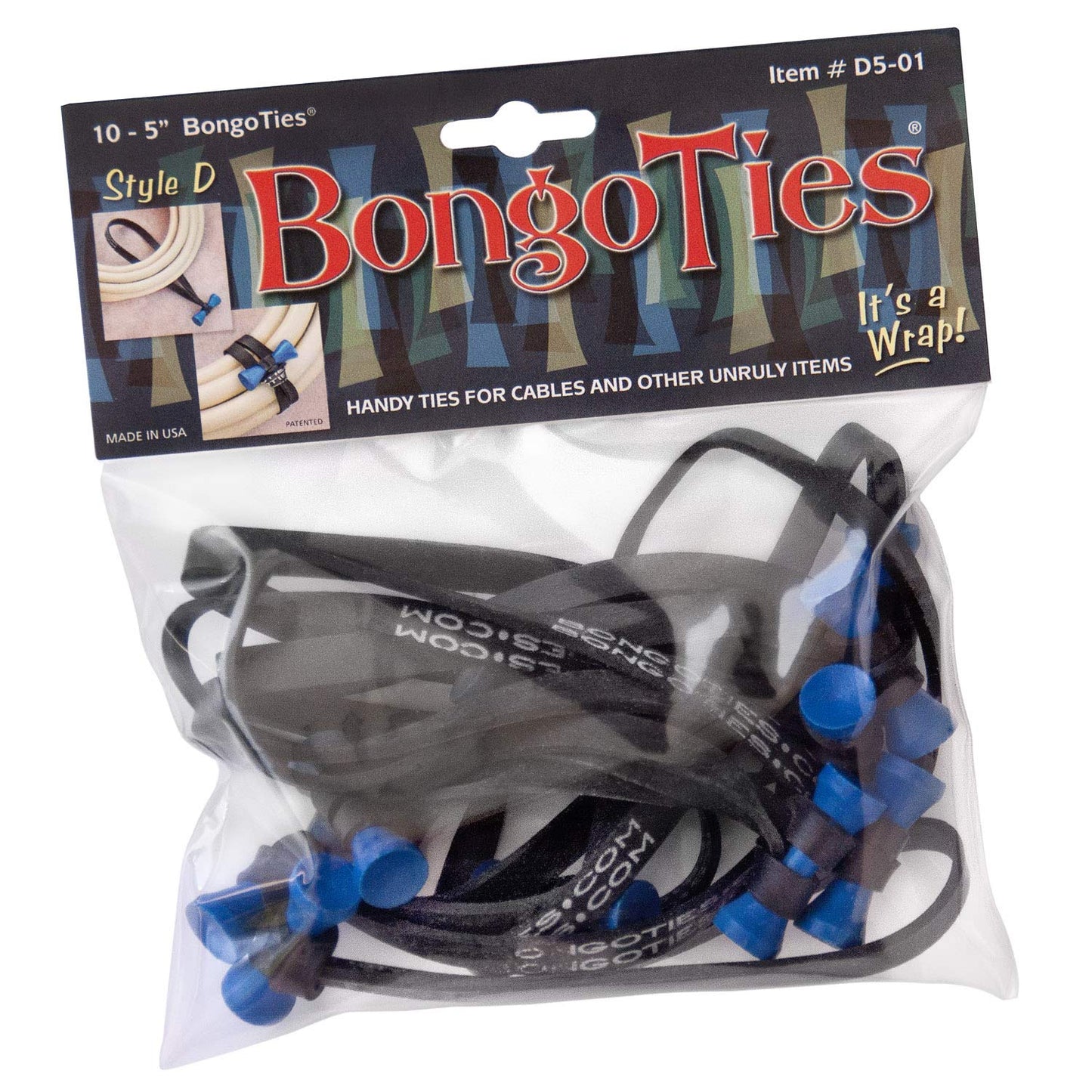 BongoTies BLUE & BLACK "Azure" Bongo Ties -10 Pack "Style-D" ~ Professional cable ties made of natural rubber and bamboo ~ HANDY TIES FOR CABLES