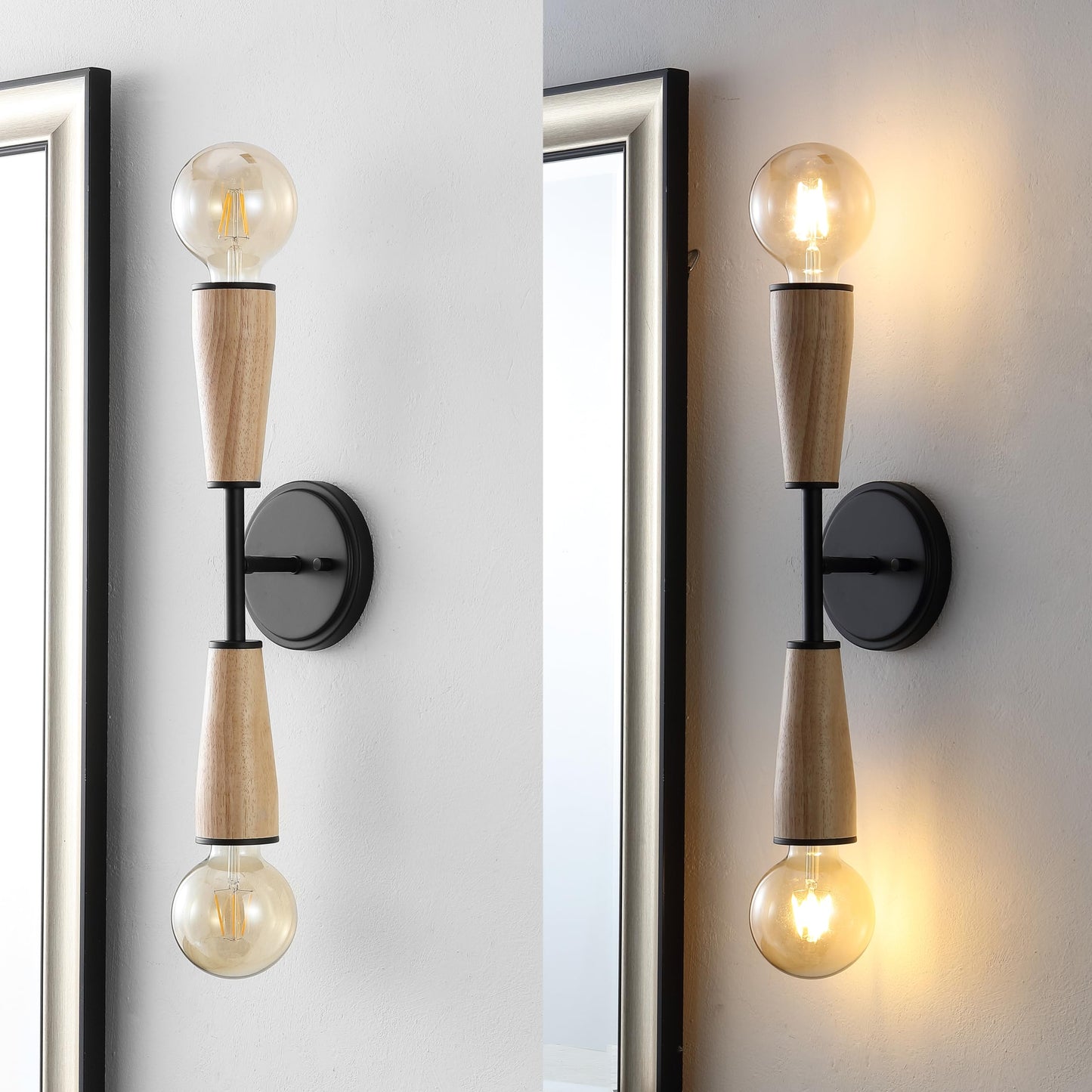 JONATHAN Y 5.13" Light Brown/Black 2-Light Wood and Iron Double Sided Hourglass LED Sconce, Modern Industrial Wall Lamp for Bathroom Mirror Hallway
