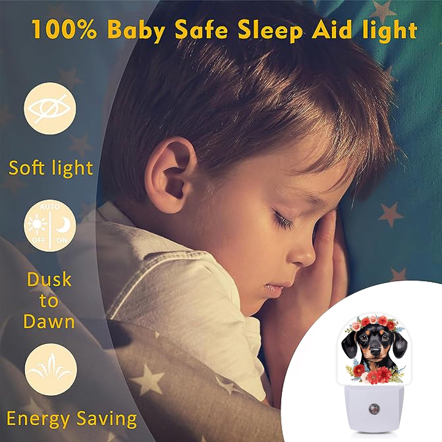 Axxitude Cute Dachshund Flowers Night Lights Plug into Wall for Girls Boys Room,Night Light LED Lamp Dusk to Dawn Sensor Round Lamp for Bedroom