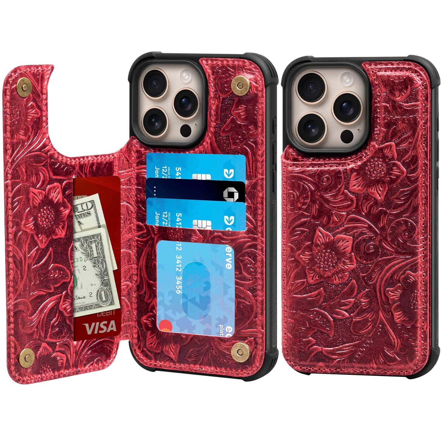 RMAWRAD Wallet Real Leather Case Compatible with iPhone 15 Pro Max 6.7" Red