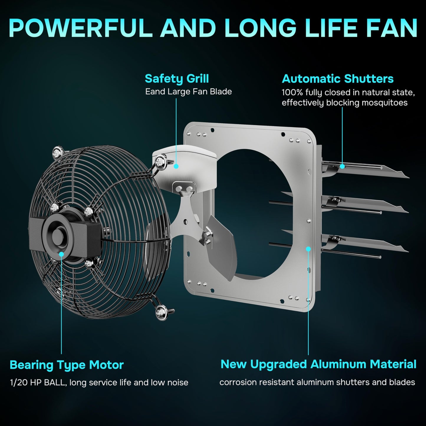 Simple Deluxe 12 Inch Wall Mounted Shutter Exhaust Fan with Temperature Controller and Power Cord Kit, Aluminum, 1600 RPM, 940 CFM, for Attic, Garage