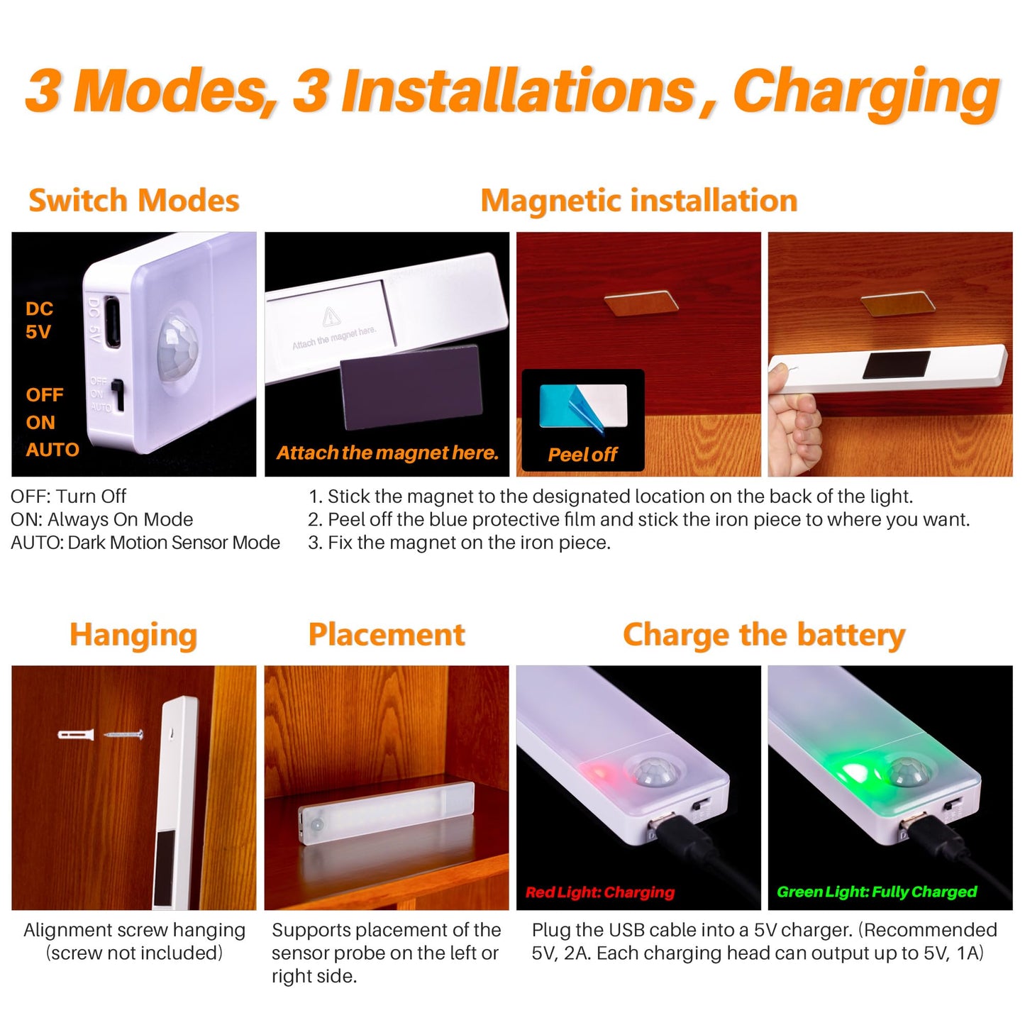 STAR-SPANGLED Under Cabinet Lighting Rechargeable, 8 inch Motion Sensor Lights Indoor Battery Operated, USB Stick on LED Magnetic Closet Light