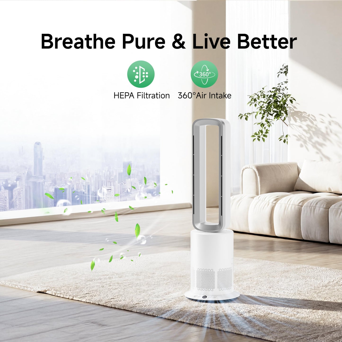 Xcity TP09Pro Bladeless Tower Fan, 3-in-1 Air Purifier, Space Heater & Cooling Fan, Remote Control, HEPA H13 Filtration for Bedroom & Home Office