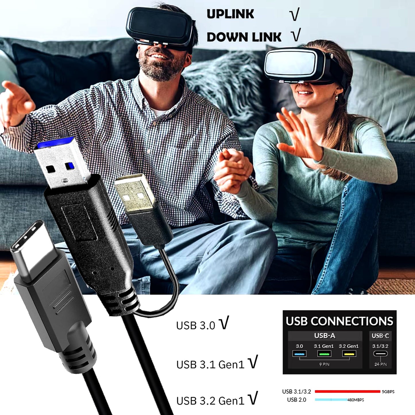 YOTETION 25FT USB3.0 A to C Cable, SuperSpeed Data Transfer, Compatible with Laptop, Smartphone, Tablet, and More